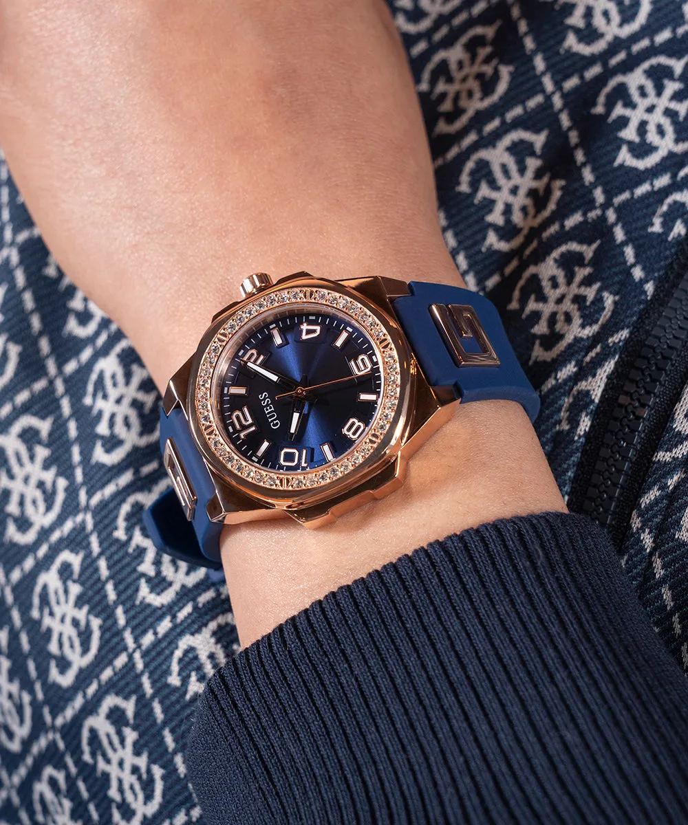 Guess Womens Silicone Watches GUESS Ladies Blue Rose Gold Tone Analog Watch