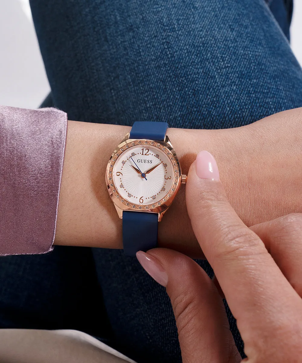 Guess Womens Silicone Watches GUESS Ladies Blue Rose Gold Tone Analog Watch