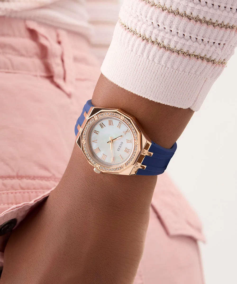Guess Womens Silicone Watches GUESS Ladies Blue Rose Gold Tone Analog Watch