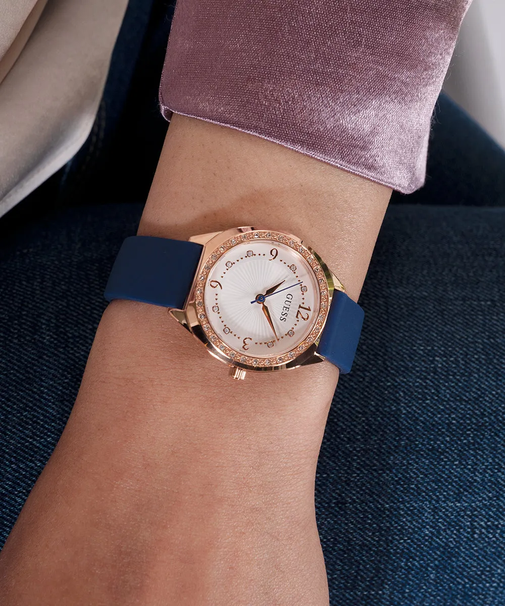 Guess Womens Silicone Watches GUESS Ladies Blue Rose Gold Tone Analog Watch
