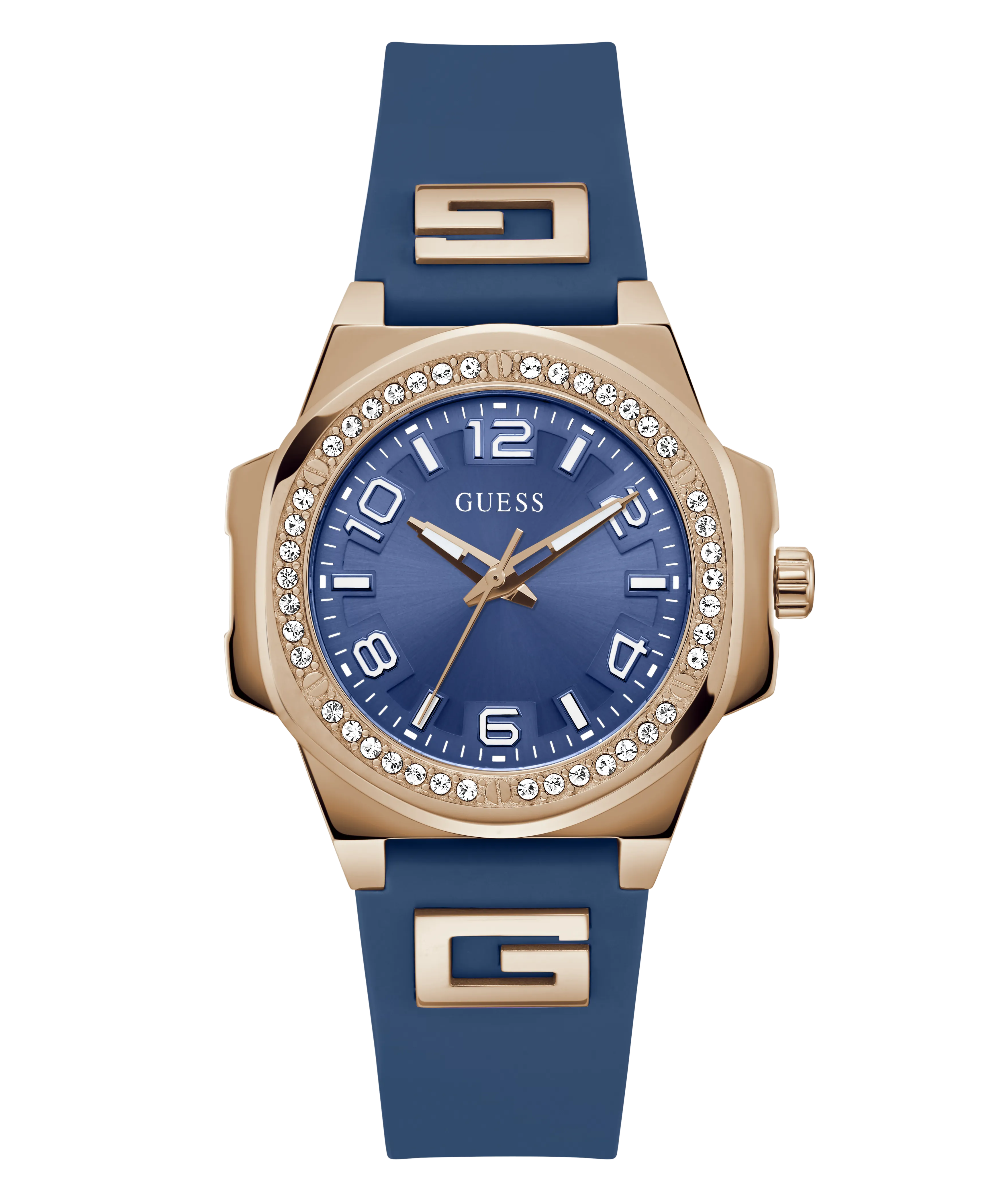 Guess Womens Silicone Watches GUESS Ladies Blue Rose Gold Tone Analog Watch