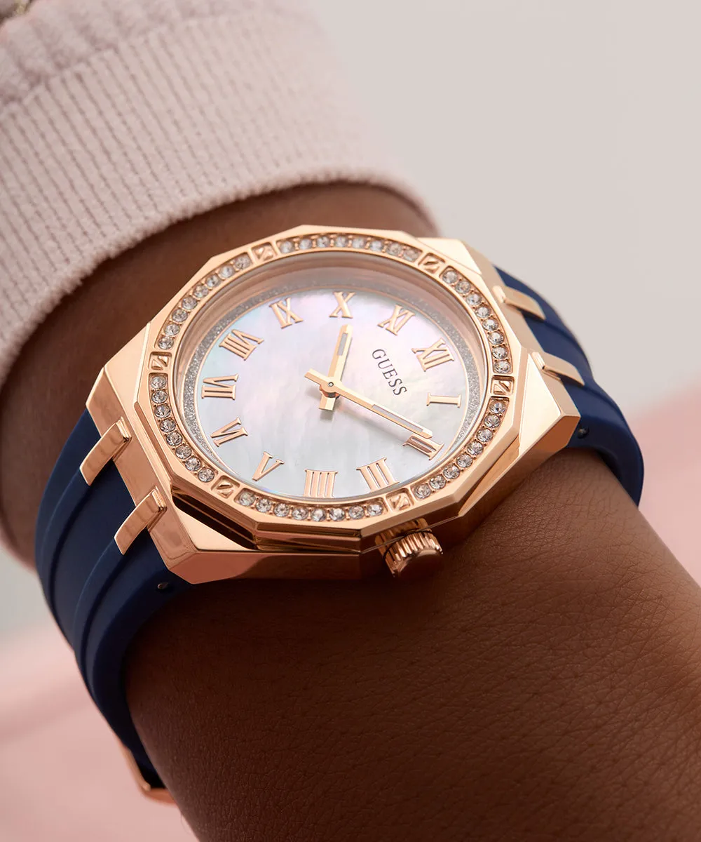 Guess Womens Silicone Watches GUESS Ladies Blue Rose Gold Tone Analog Watch