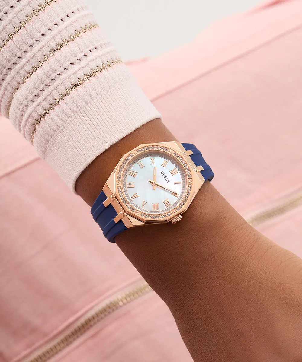 Guess Womens Silicone Watches GUESS Ladies Blue Rose Gold Tone Analog Watch