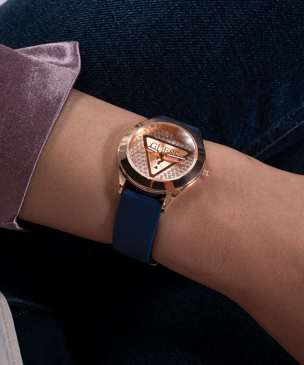 Guess Womens Silicone Watches GUESS Ladies Blue Rose Gold Tone Analog Watch
