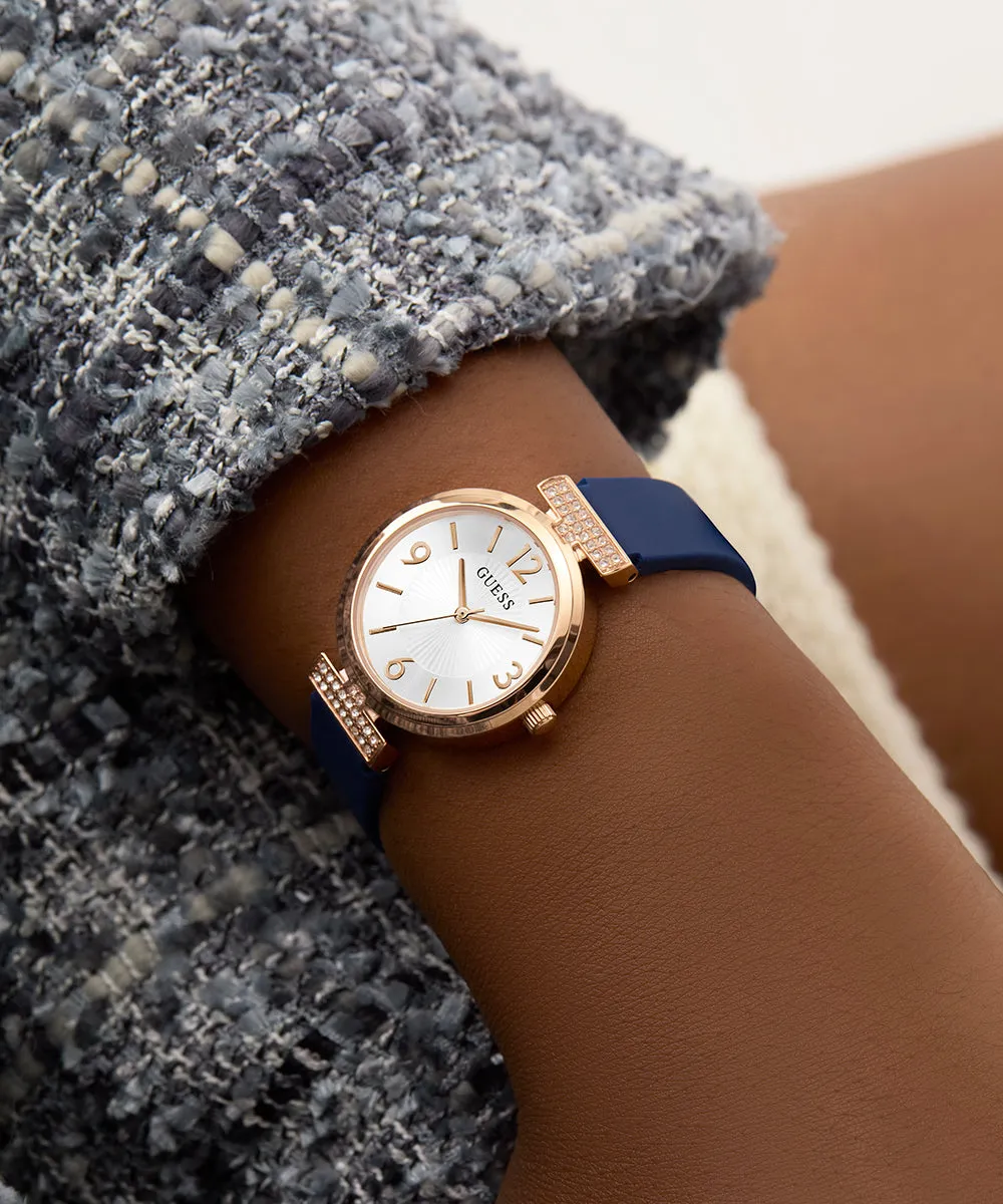 Guess Womens Silicone Watches GUESS Ladies Blue Rose Gold Tone Analog Watch