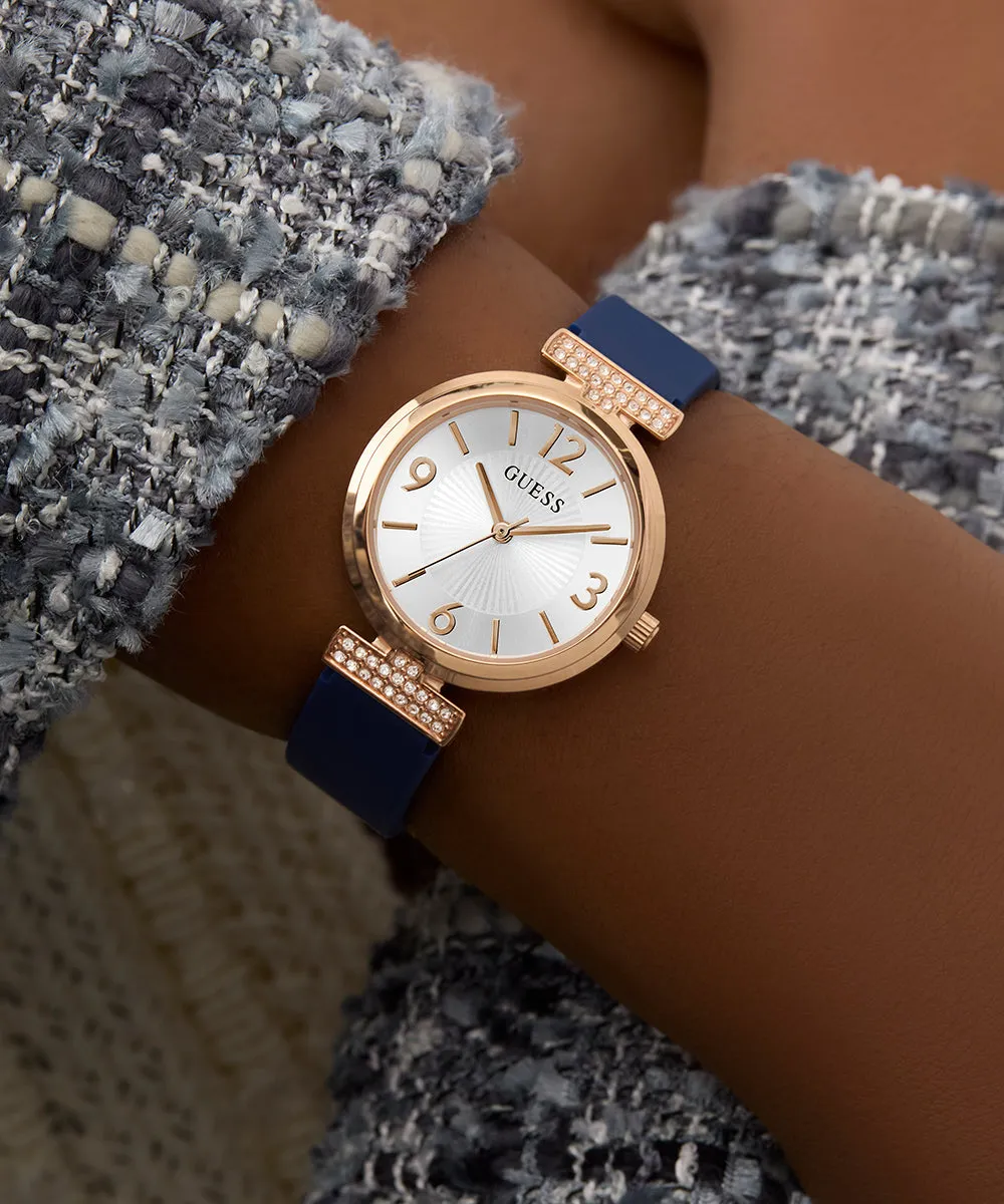 Guess Womens Silicone Watches GUESS Ladies Blue Rose Gold Tone Analog Watch