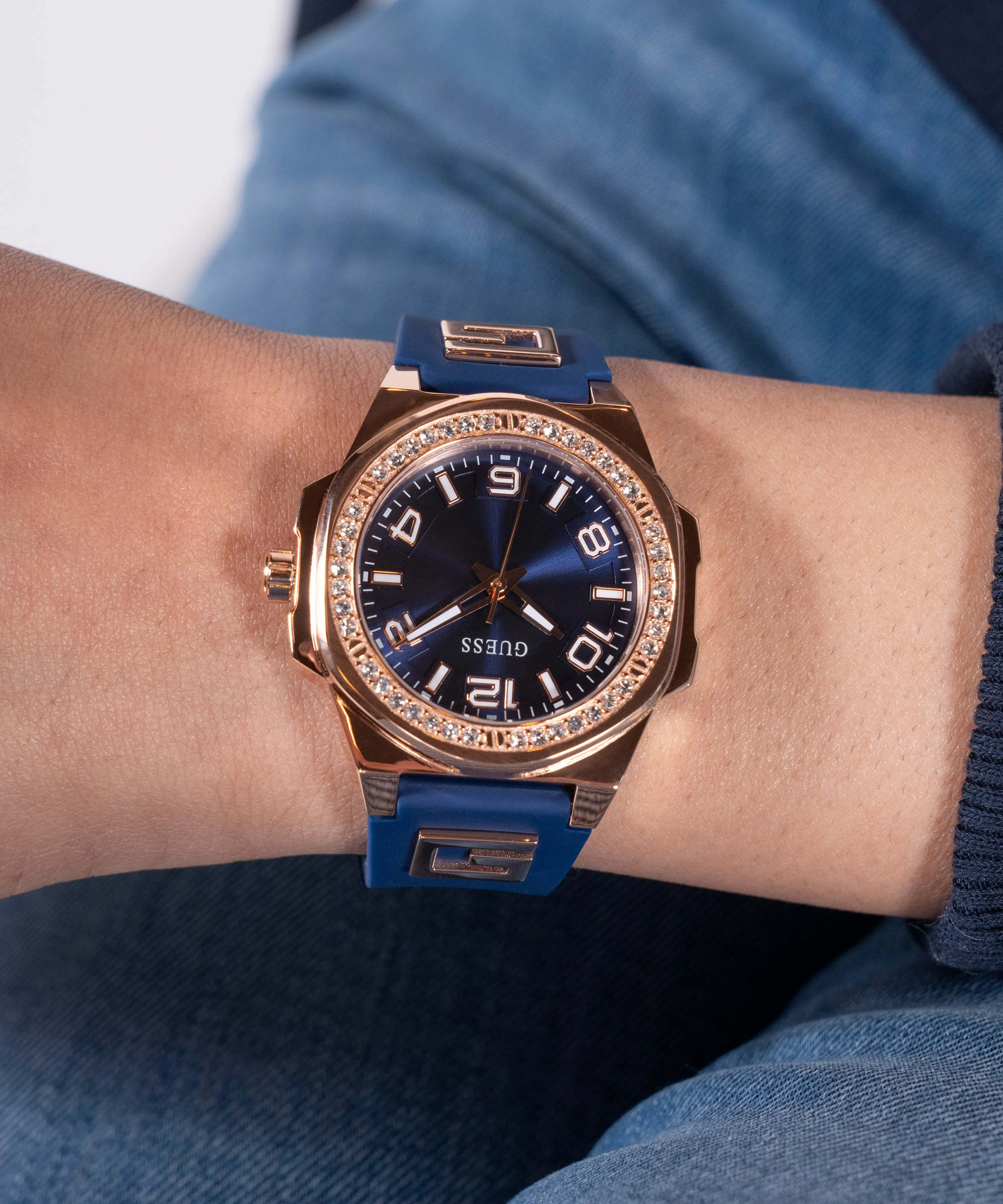 Guess Womens Silicone Watches GUESS Ladies Blue Rose Gold Tone Analog Watch