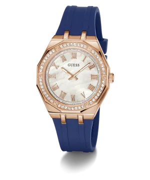 Guess Womens Silicone Watches GUESS Ladies Blue Rose Gold Tone Analog Watch