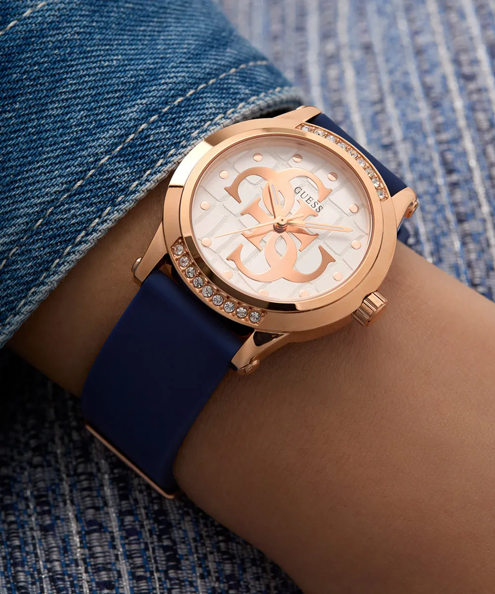 Guess Womens Silicone Watches GUESS Ladies Blue Rose Gold Tone Analog Watch