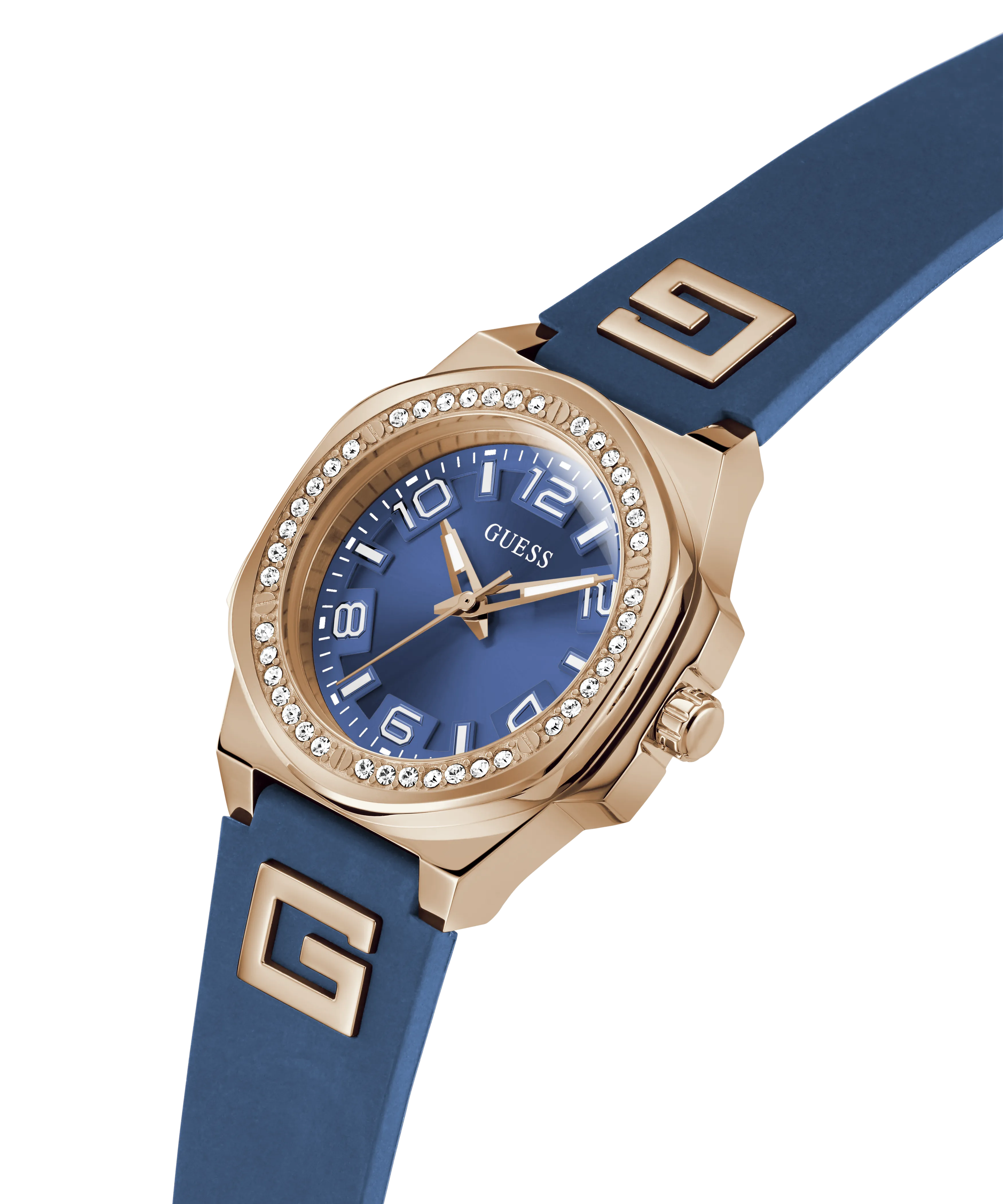 Guess Womens Silicone Watches GUESS Ladies Blue Rose Gold Tone Analog Watch