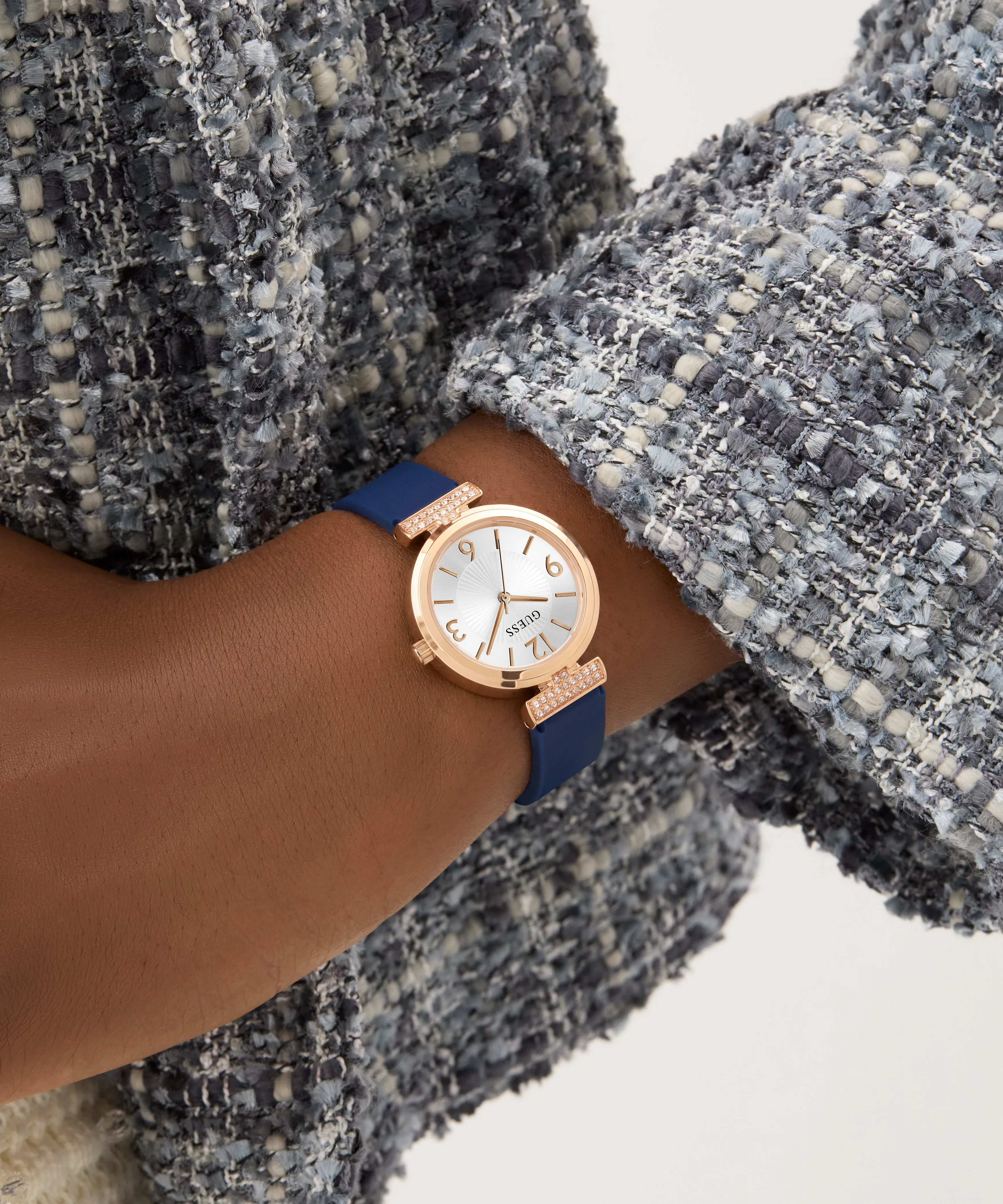 Guess Womens Silicone Watches GUESS Ladies Blue Rose Gold Tone Analog Watch