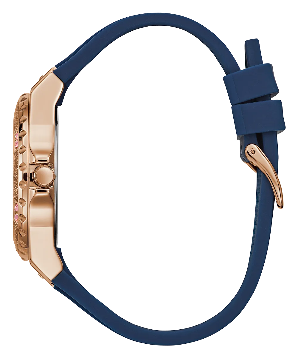 Guess Womens Silicone Watches GUESS Ladies Blue Rose Gold Tone Multi-function Watch