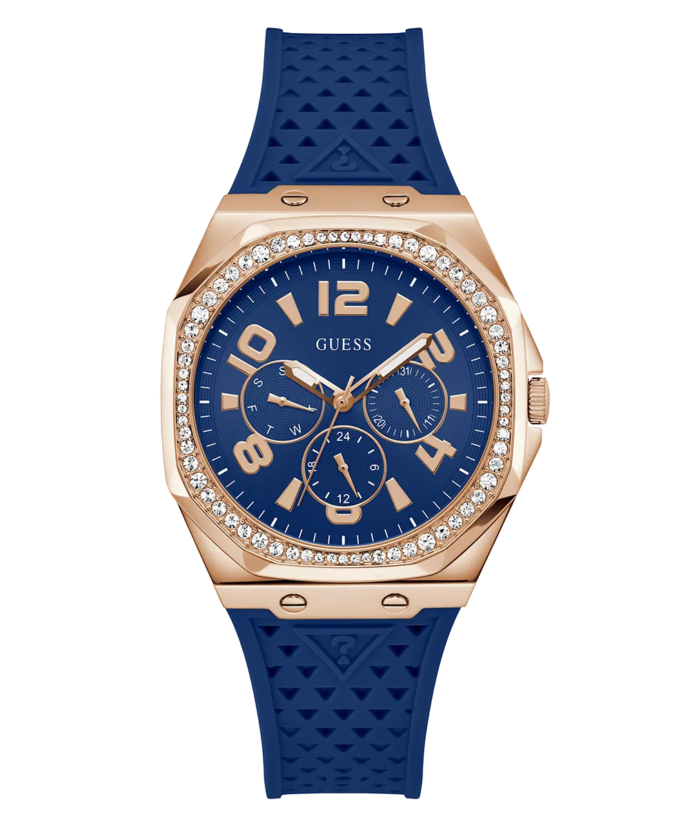 Guess Womens Silicone Watches GUESS Ladies Blue Rose Gold Tone Multi-function Watch