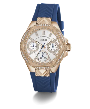 Guess Womens Silicone Watches GUESS Ladies Blue Rose Gold Tone Multi-function Watch