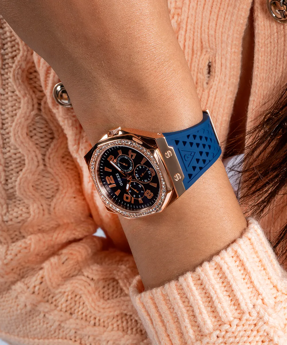 Guess Womens Silicone Watches GUESS Ladies Blue Rose Gold Tone Multi-function Watch