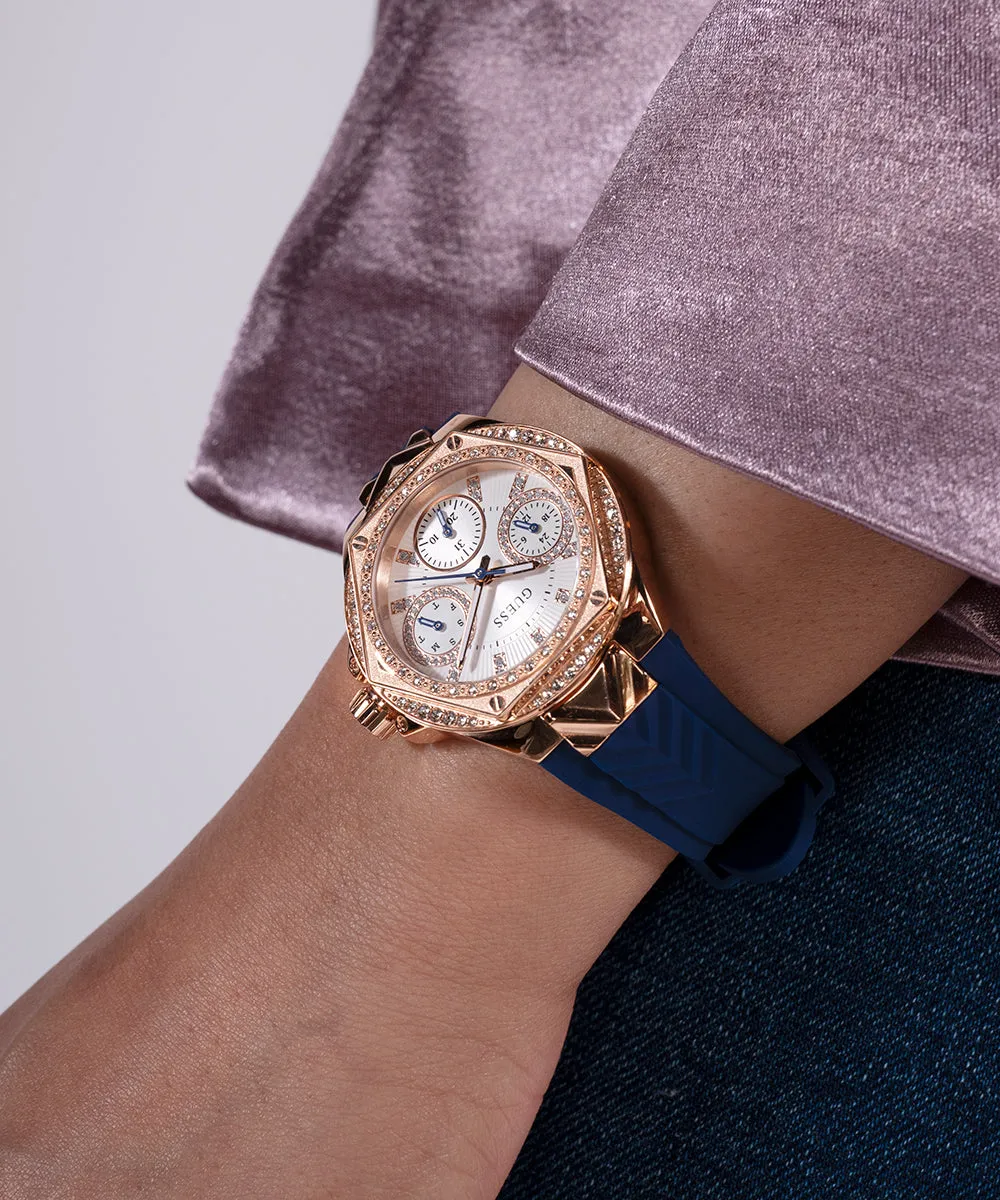 Guess Womens Silicone Watches GUESS Ladies Blue Rose Gold Tone Multi-function Watch