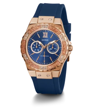 Guess Womens Silicone Watches GUESS Ladies Blue Rose Gold Tone Multi-function Watch