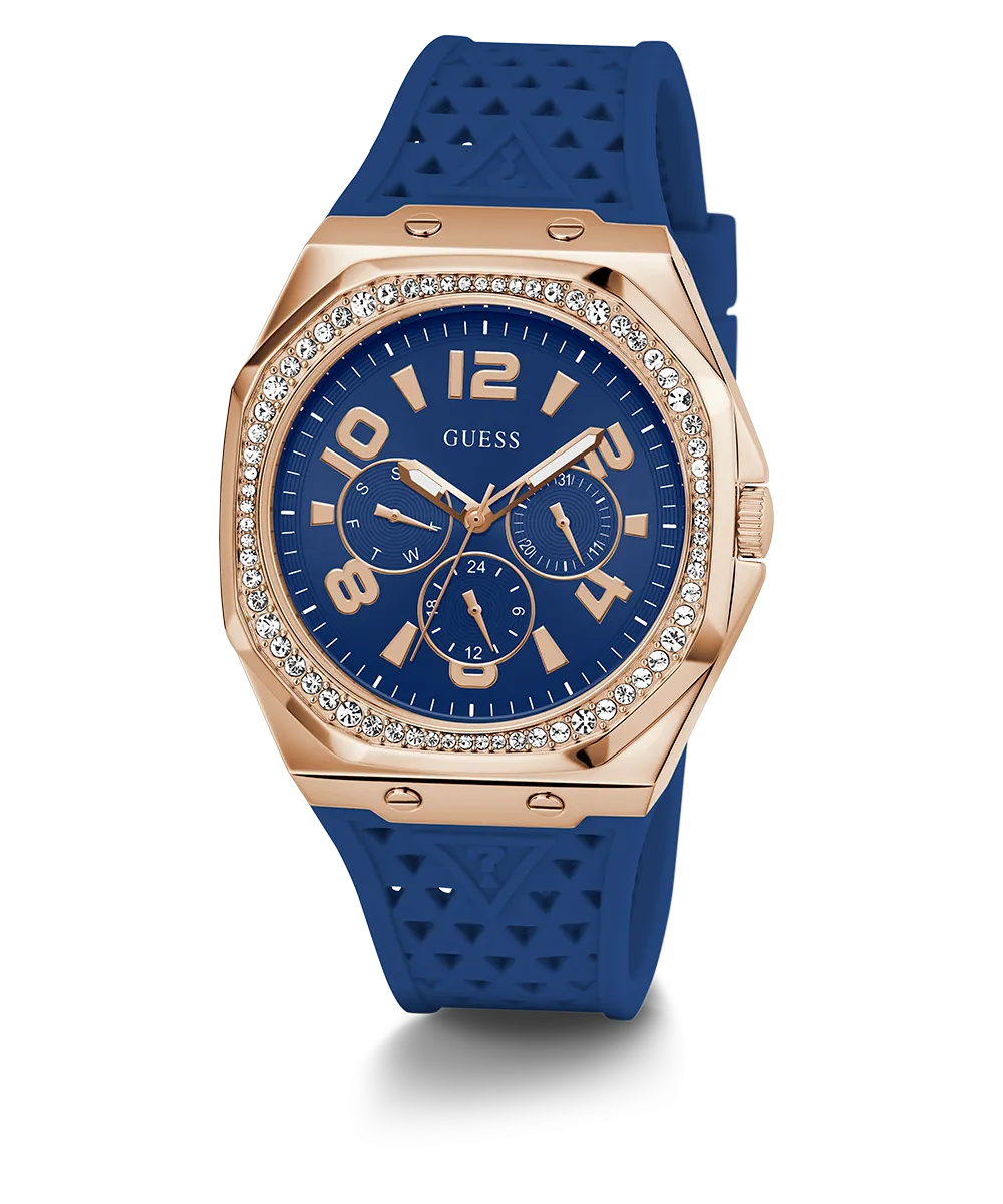 Guess Womens Silicone Watches GUESS Ladies Blue Rose Gold Tone Multi-function Watch