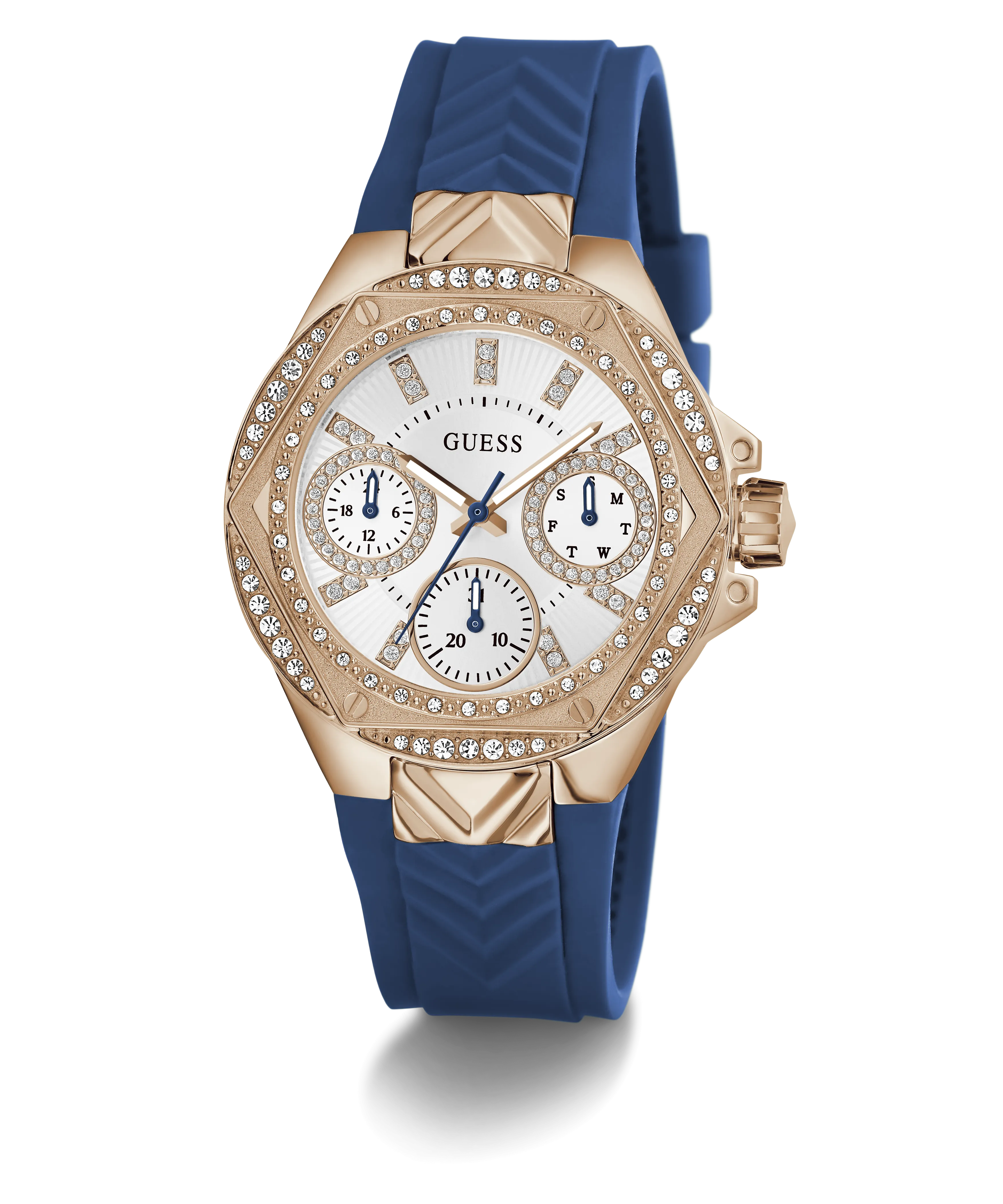 Guess Womens Silicone Watches GUESS Ladies Blue Rose Gold Tone Multi-function Watch