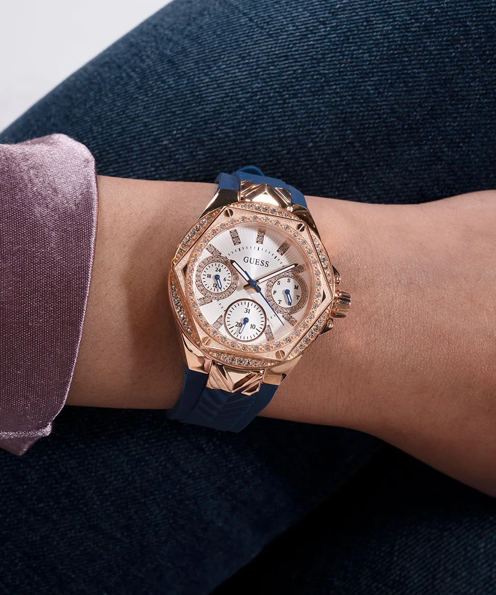 Guess Womens Silicone Watches GUESS Ladies Blue Rose Gold Tone Multi-function Watch