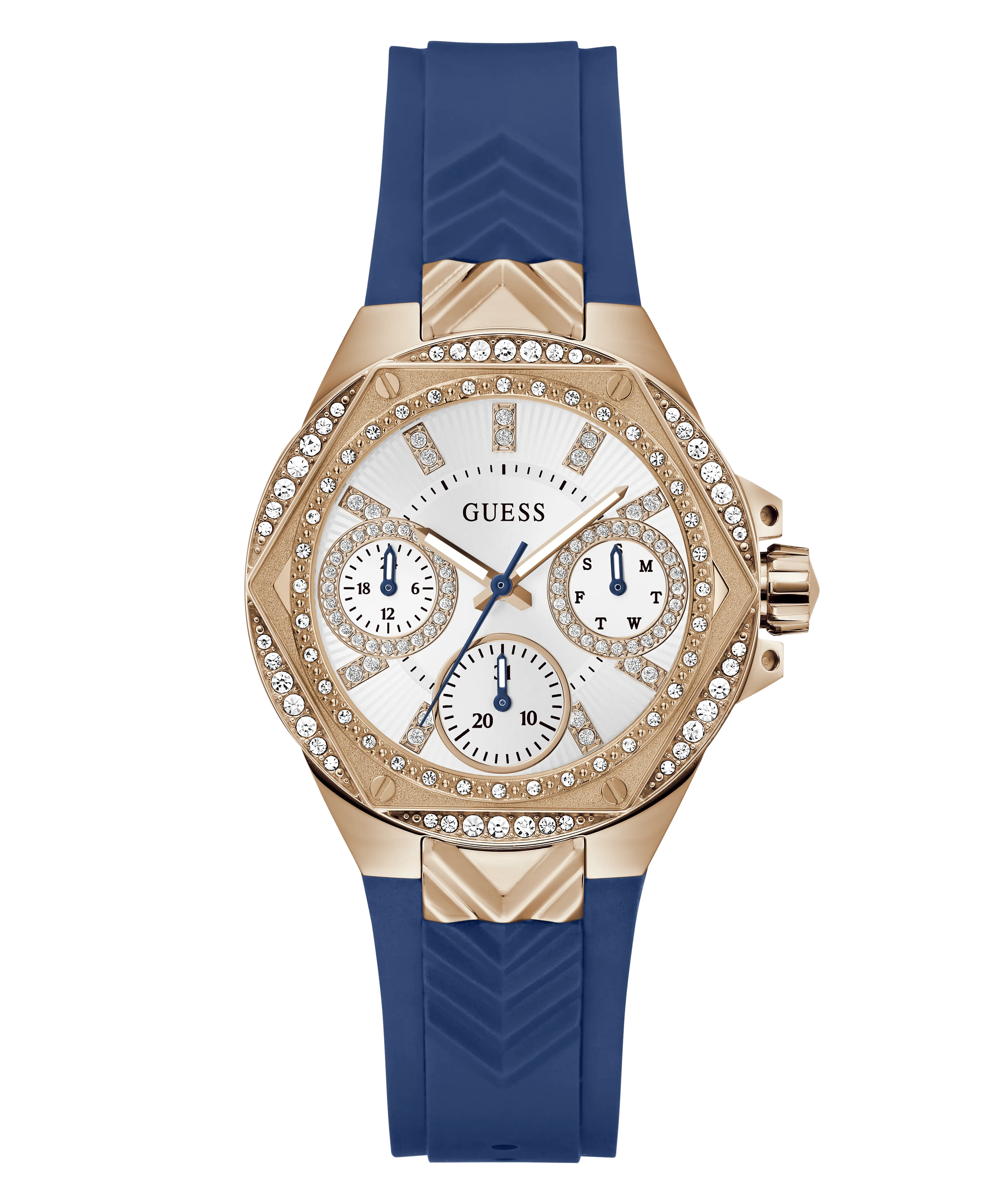 Guess Womens Silicone Watches GUESS Ladies Blue Rose Gold Tone Multi-function Watch