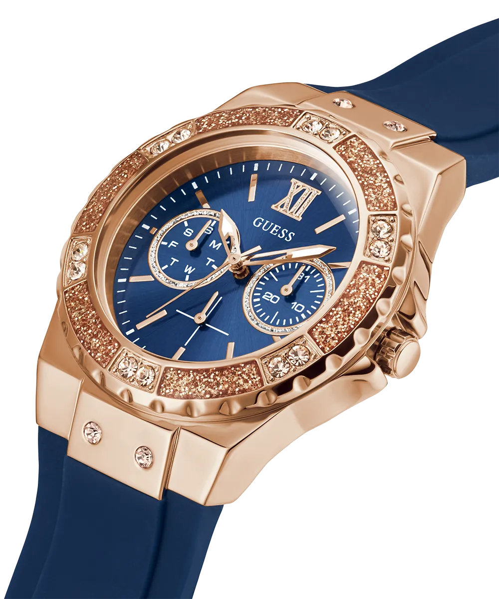 Guess Womens Silicone Watches GUESS Ladies Blue Rose Gold Tone Multi-function Watch