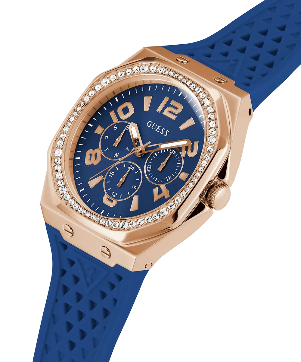 Guess Womens Silicone Watches GUESS Ladies Blue Rose Gold Tone Multi-function Watch