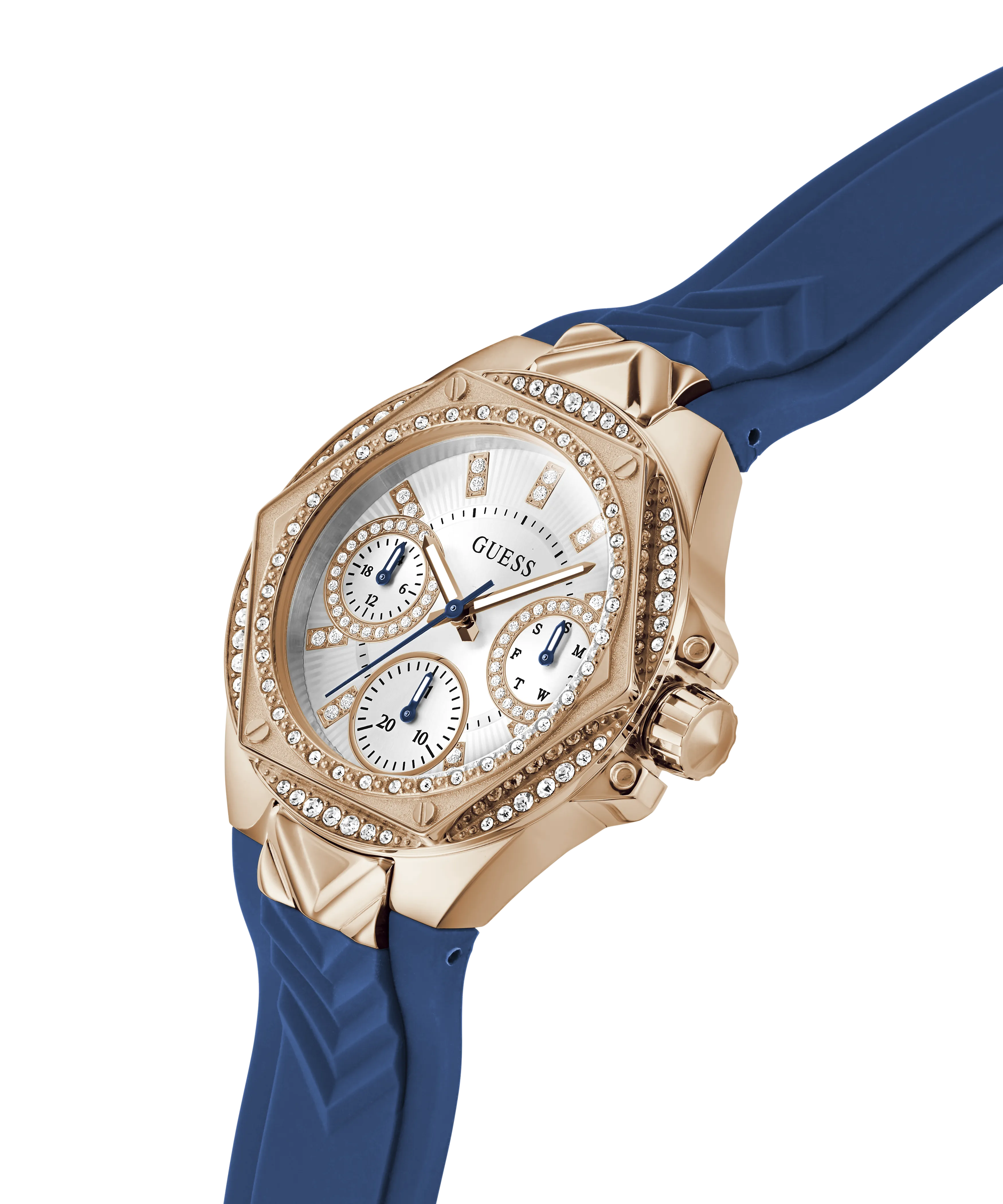 Guess Womens Silicone Watches GUESS Ladies Blue Rose Gold Tone Multi-function Watch