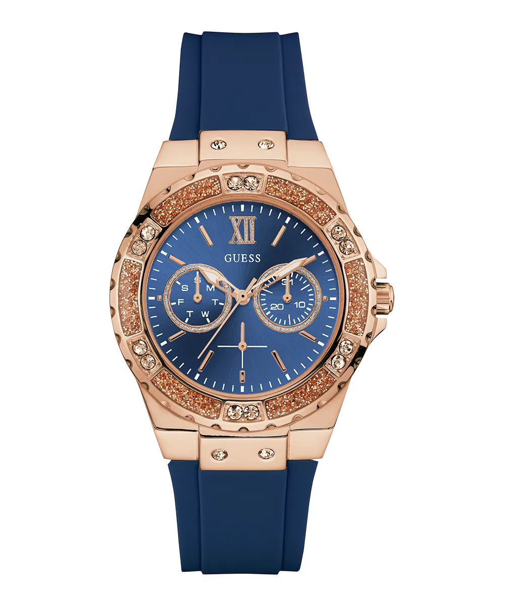Guess Womens Silicone Watches GUESS Ladies Blue Rose Gold Tone Multi-function Watch
