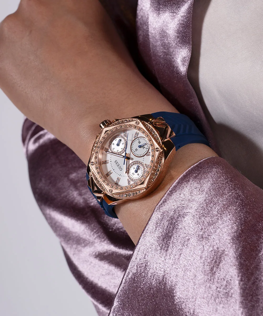 Guess Womens Silicone Watches GUESS Ladies Blue Rose Gold Tone Multi-function Watch