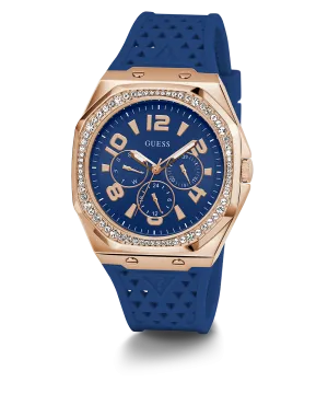 Guess Womens Silicone Watches GUESS Ladies Blue Rose Gold Tone Multi-function Watch