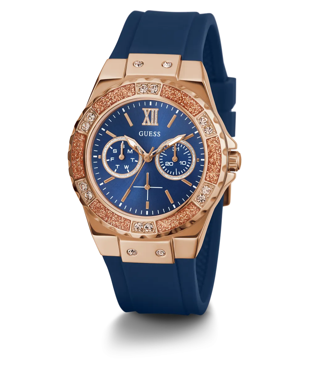 Guess Womens Silicone Watches GUESS Ladies Blue Rose Gold Tone Multi-function Watch