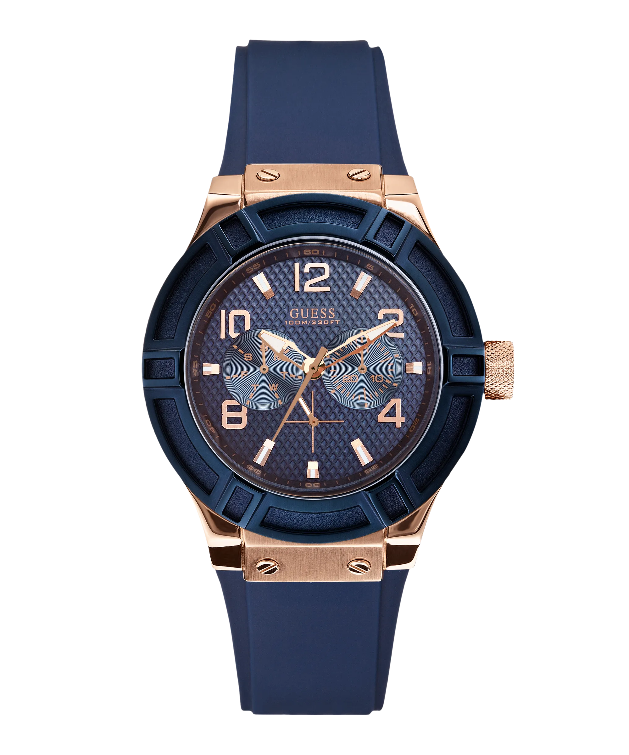 Guess Womens Silicone Watches GUESS Ladies Blue Rose Gold Tone/Blue Multi-function Watch