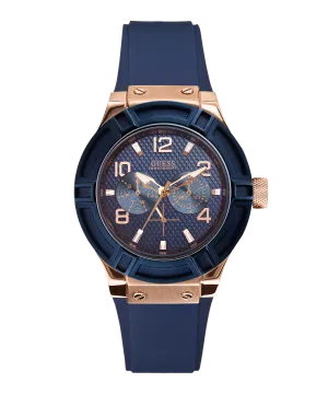 Guess Womens Silicone Watches GUESS Ladies Blue Rose Gold Tone/Blue Multi-function Watch