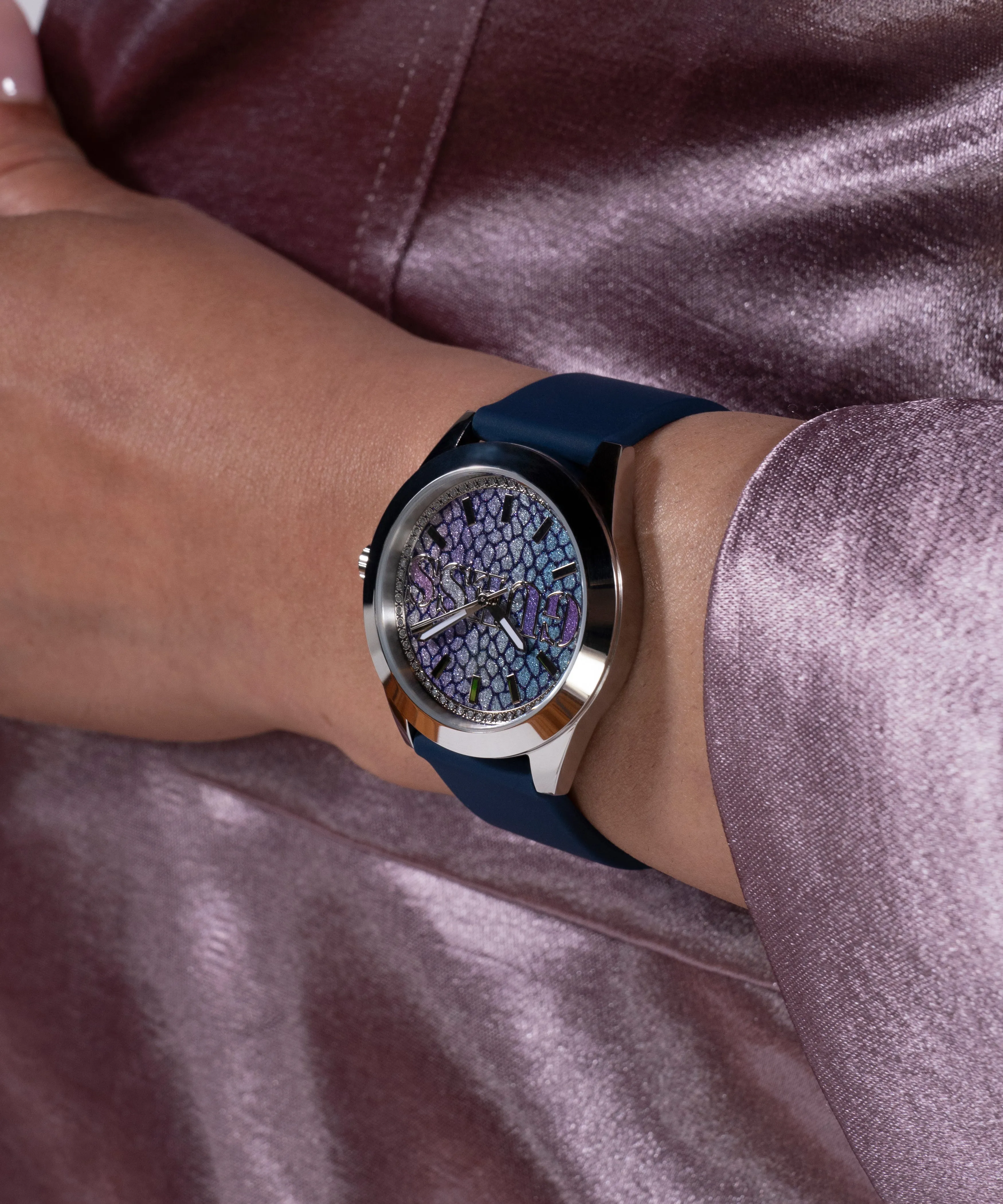 Guess Womens Silicone Watches GUESS Ladies Blue Silver Tone Analog Watch