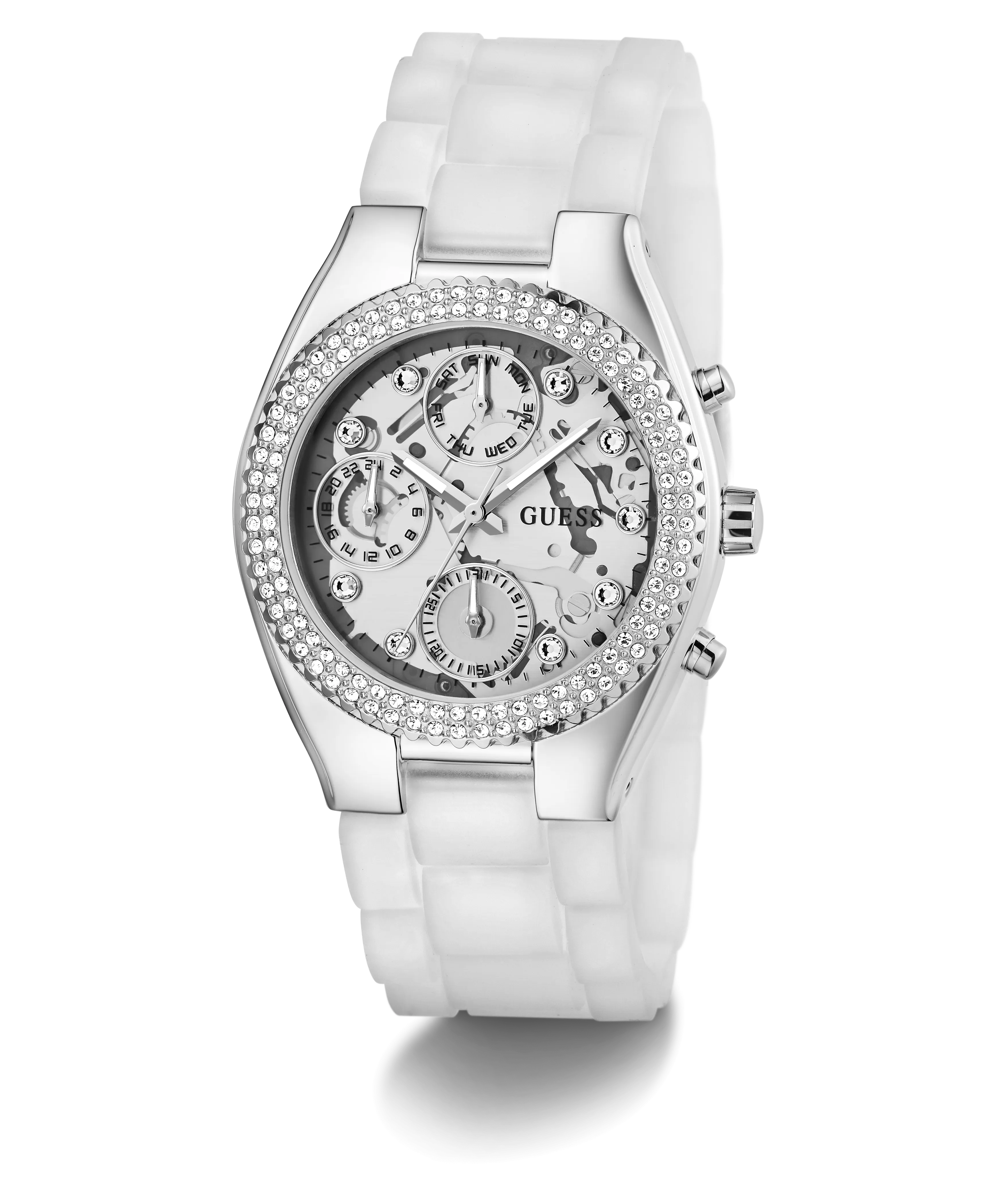Guess Womens Silicone Watches GUESS Ladies Clear Silver Tone Multi-function Watch