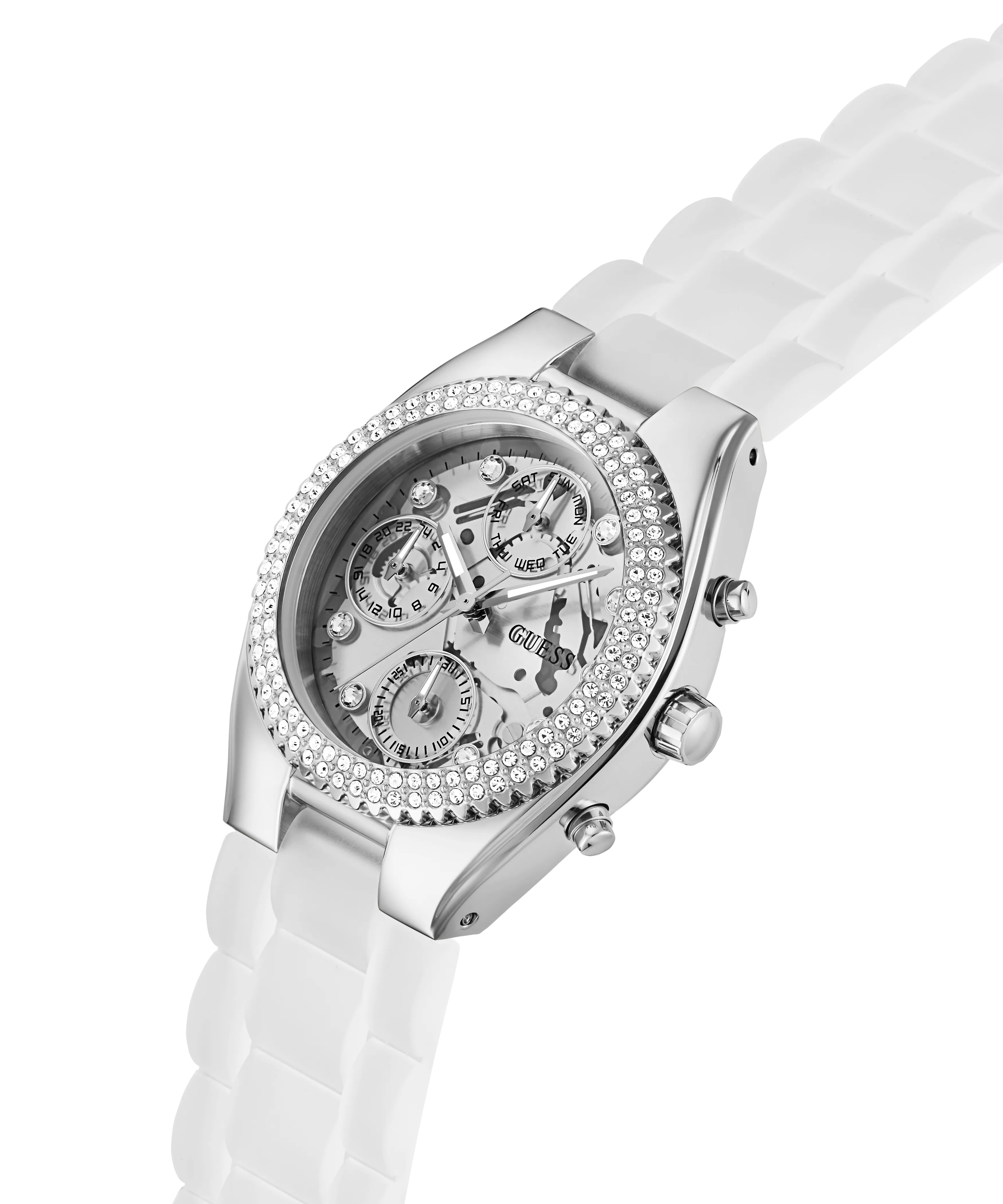 Guess Womens Silicone Watches GUESS Ladies Clear Silver Tone Multi-function Watch