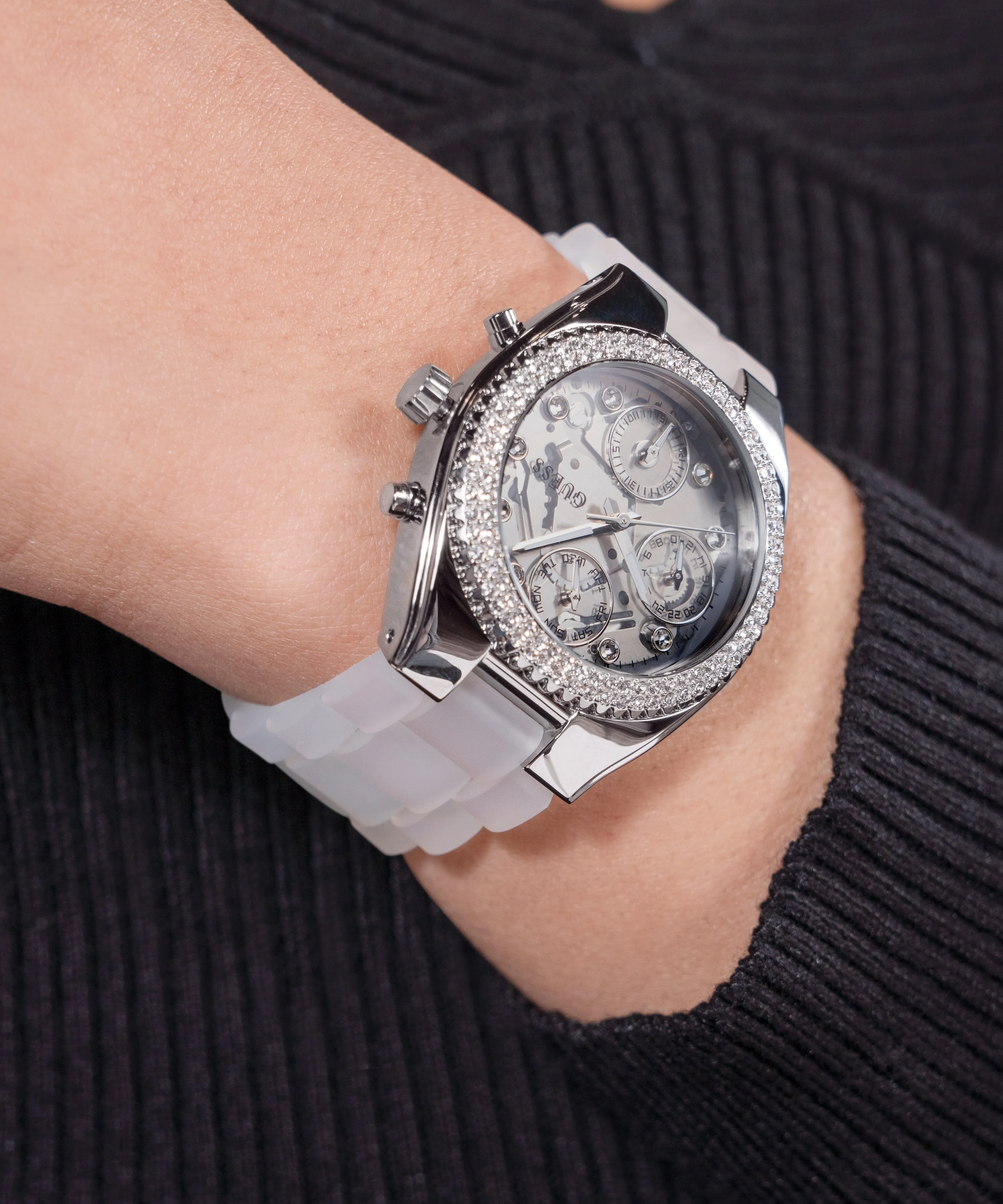 Guess Womens Silicone Watches GUESS Ladies Clear Silver Tone Multi-function Watch