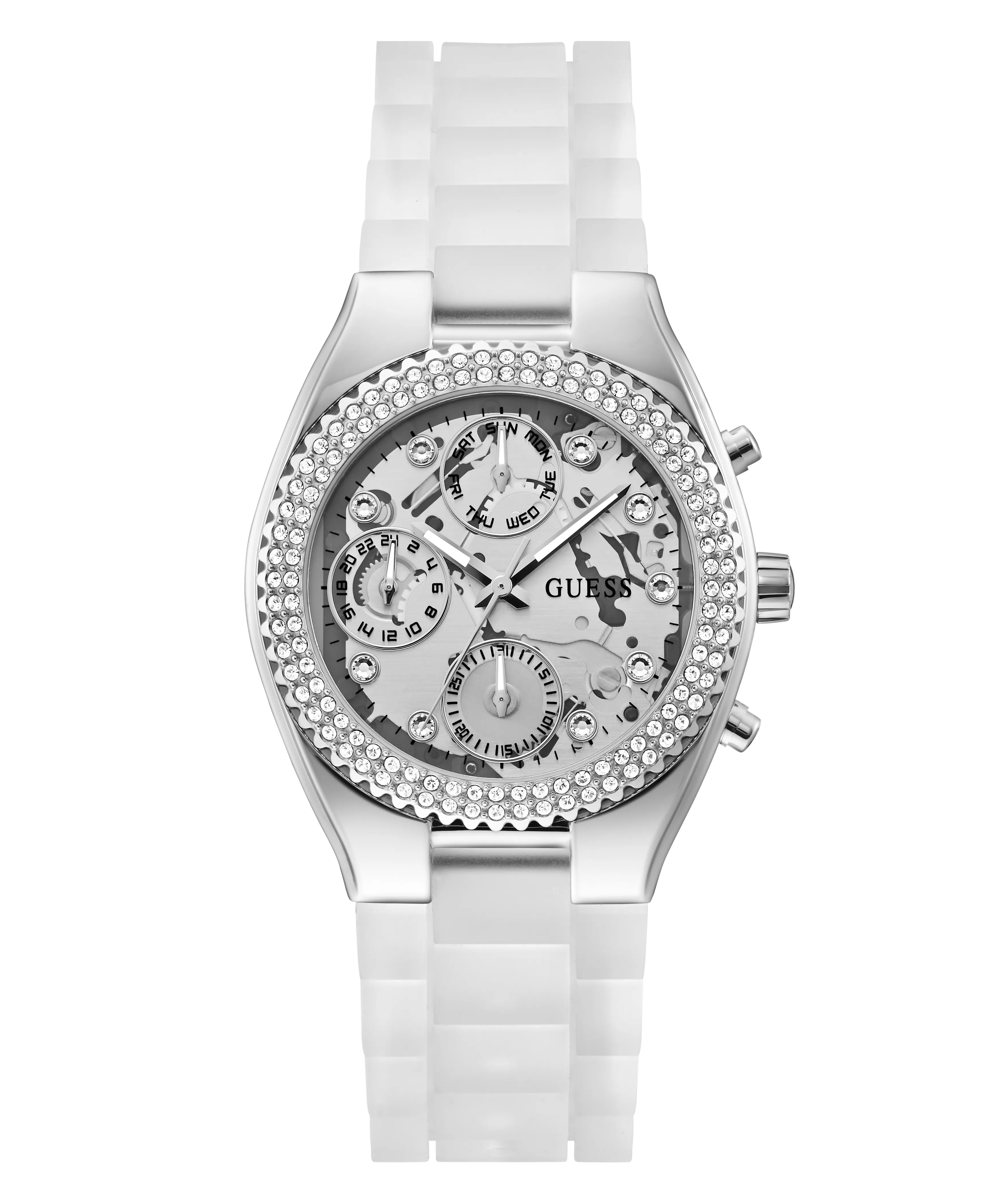 Guess Womens Silicone Watches GUESS Ladies Clear Silver Tone Multi-function Watch