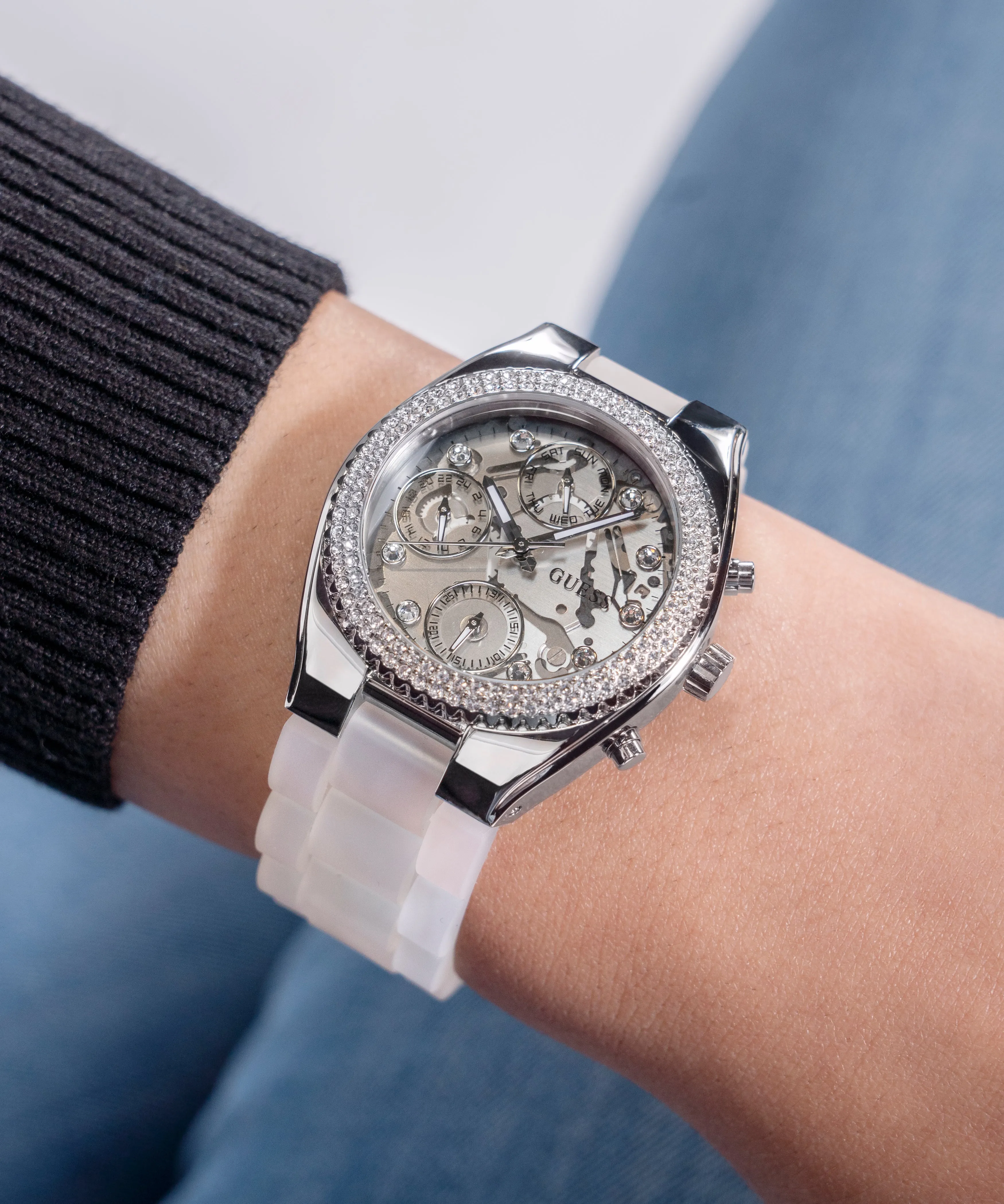Guess Womens Silicone Watches GUESS Ladies Clear Silver Tone Multi-function Watch