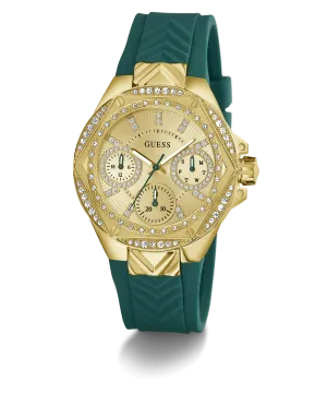 Guess Womens Silicone Watches GUESS Ladies Green Gold Tone Multi-function Watch