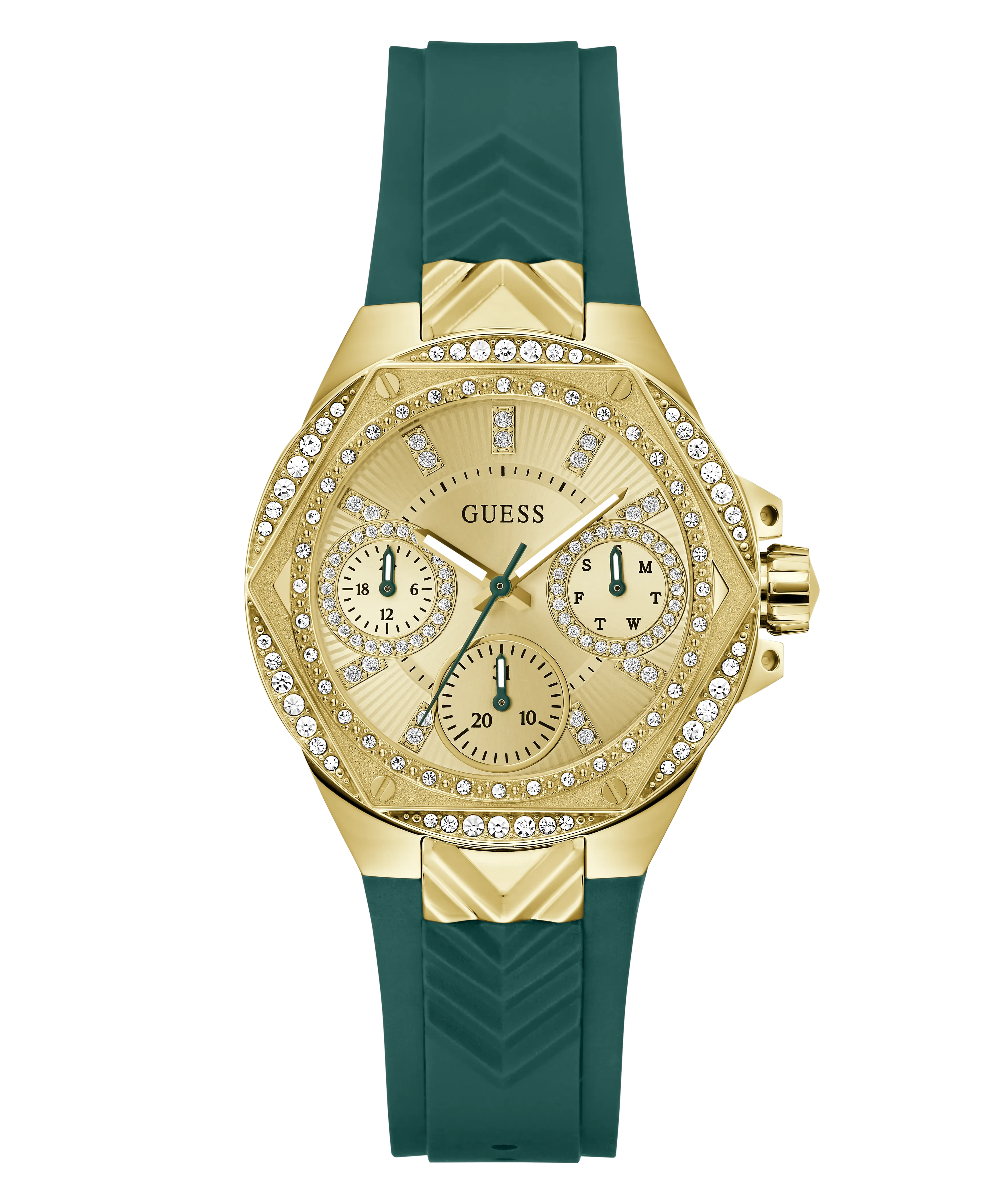 Guess Womens Silicone Watches GUESS Ladies Green Gold Tone Multi-function Watch