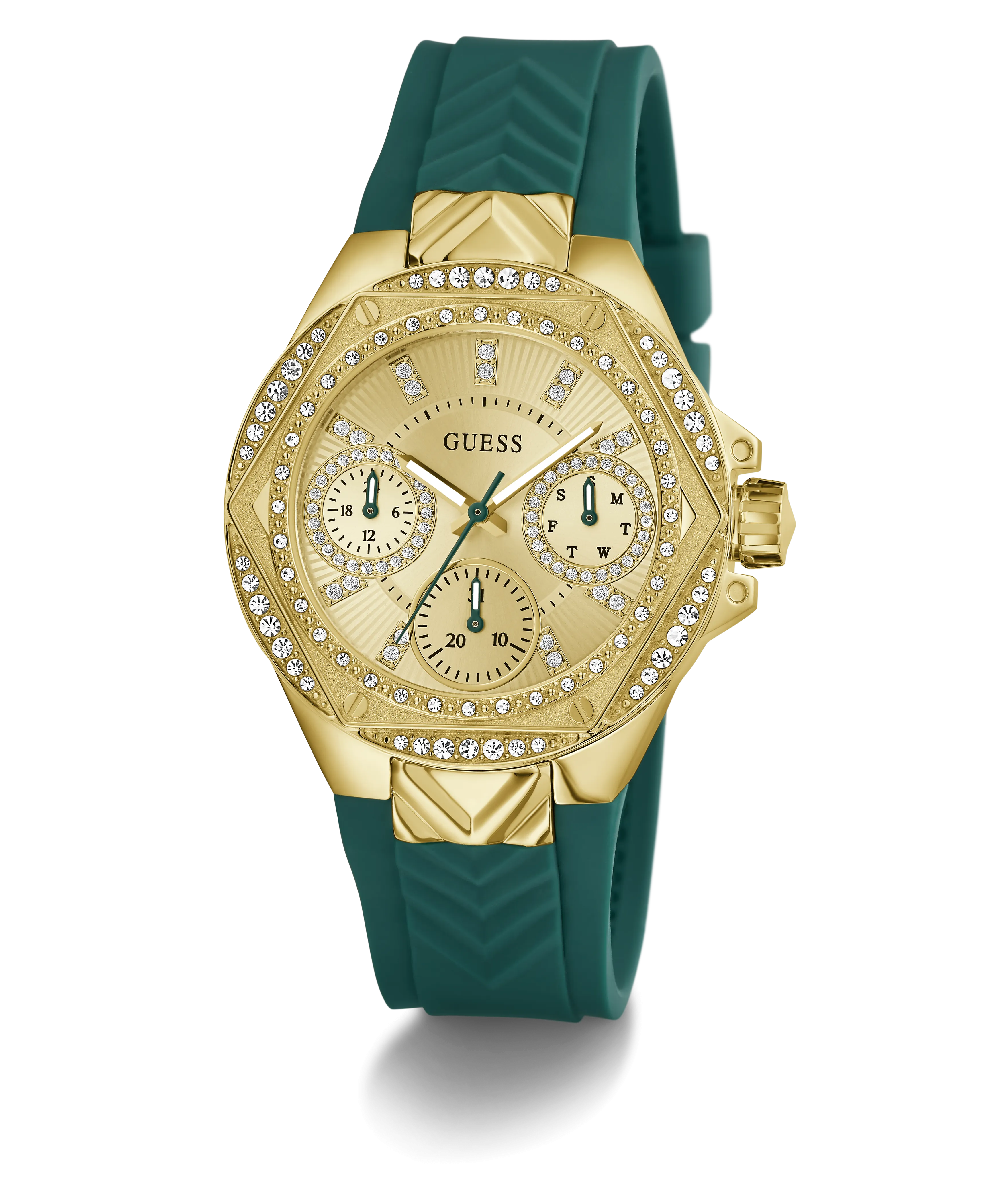 Guess Womens Silicone Watches GUESS Ladies Green Gold Tone Multi-function Watch