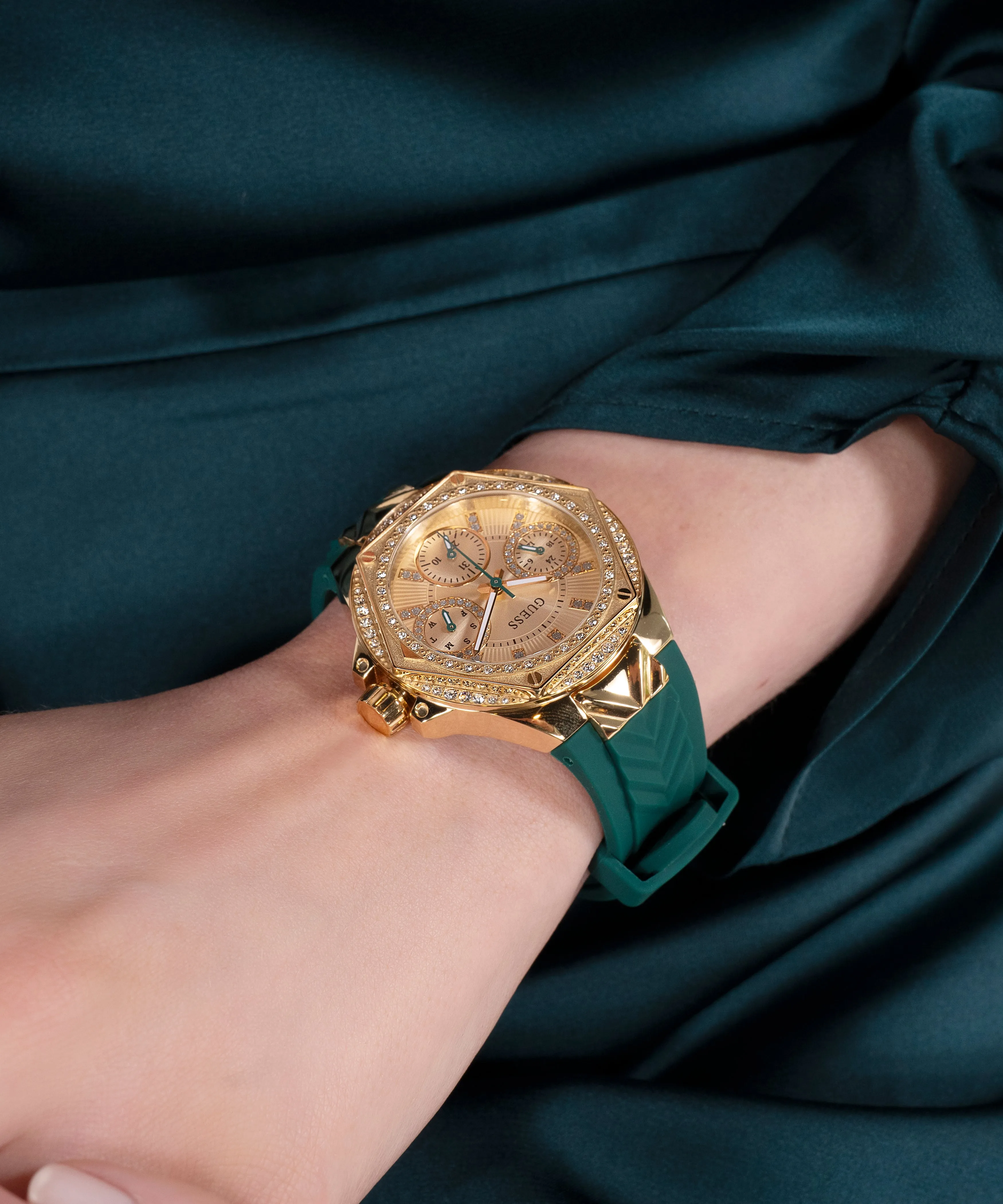 Guess Womens Silicone Watches GUESS Ladies Green Gold Tone Multi-function Watch