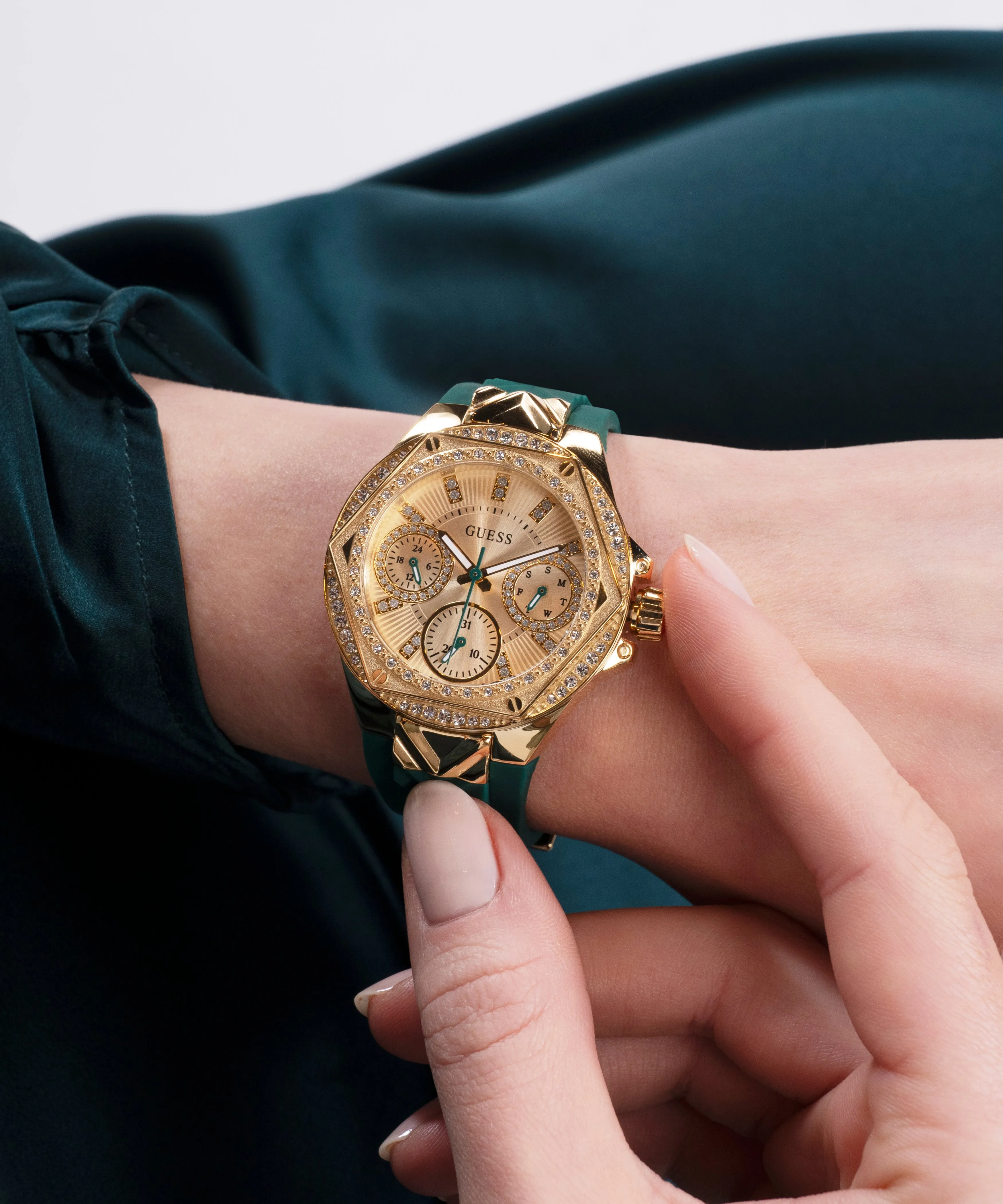 Guess Womens Silicone Watches GUESS Ladies Green Gold Tone Multi-function Watch