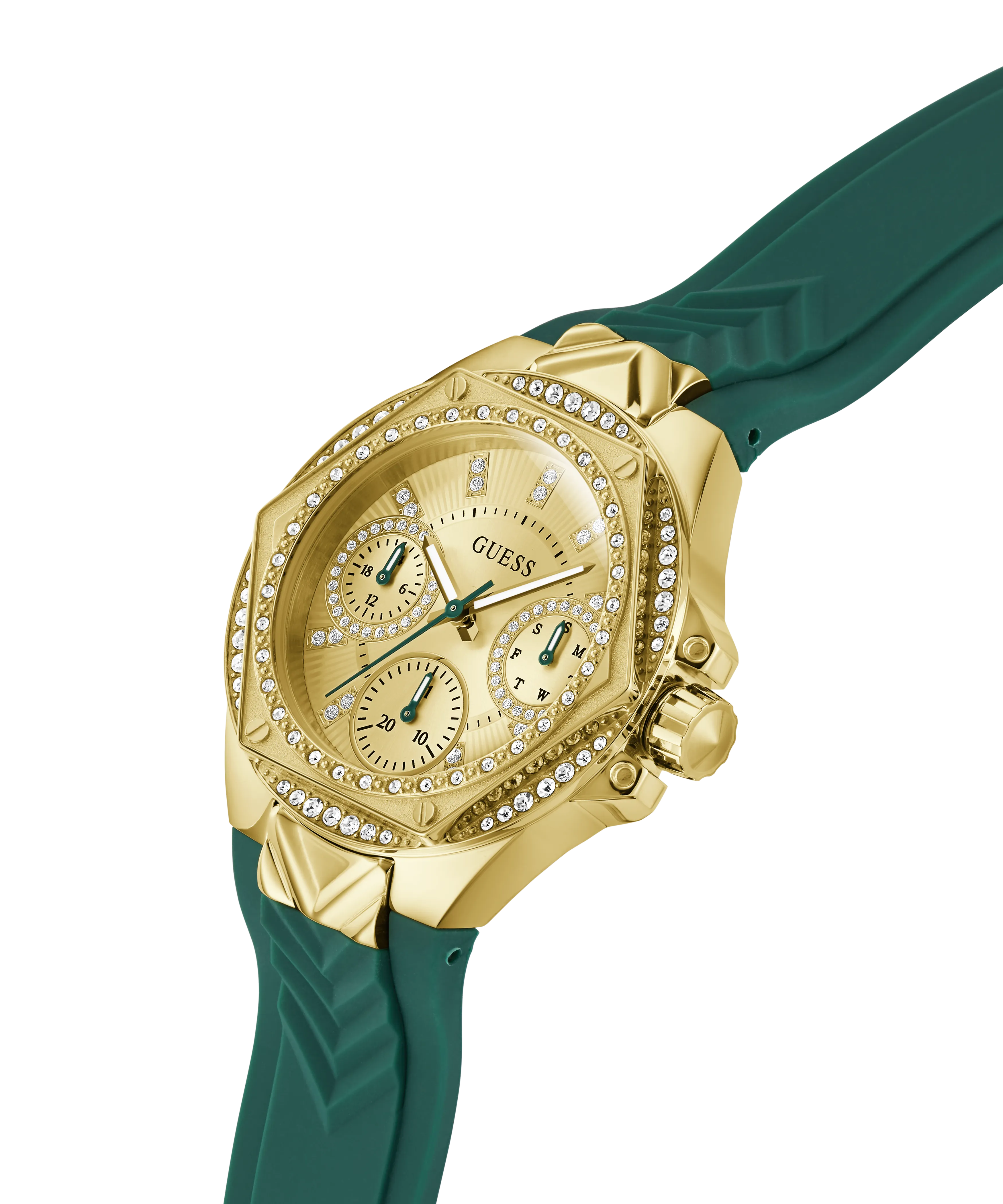 Guess Womens Silicone Watches GUESS Ladies Green Gold Tone Multi-function Watch