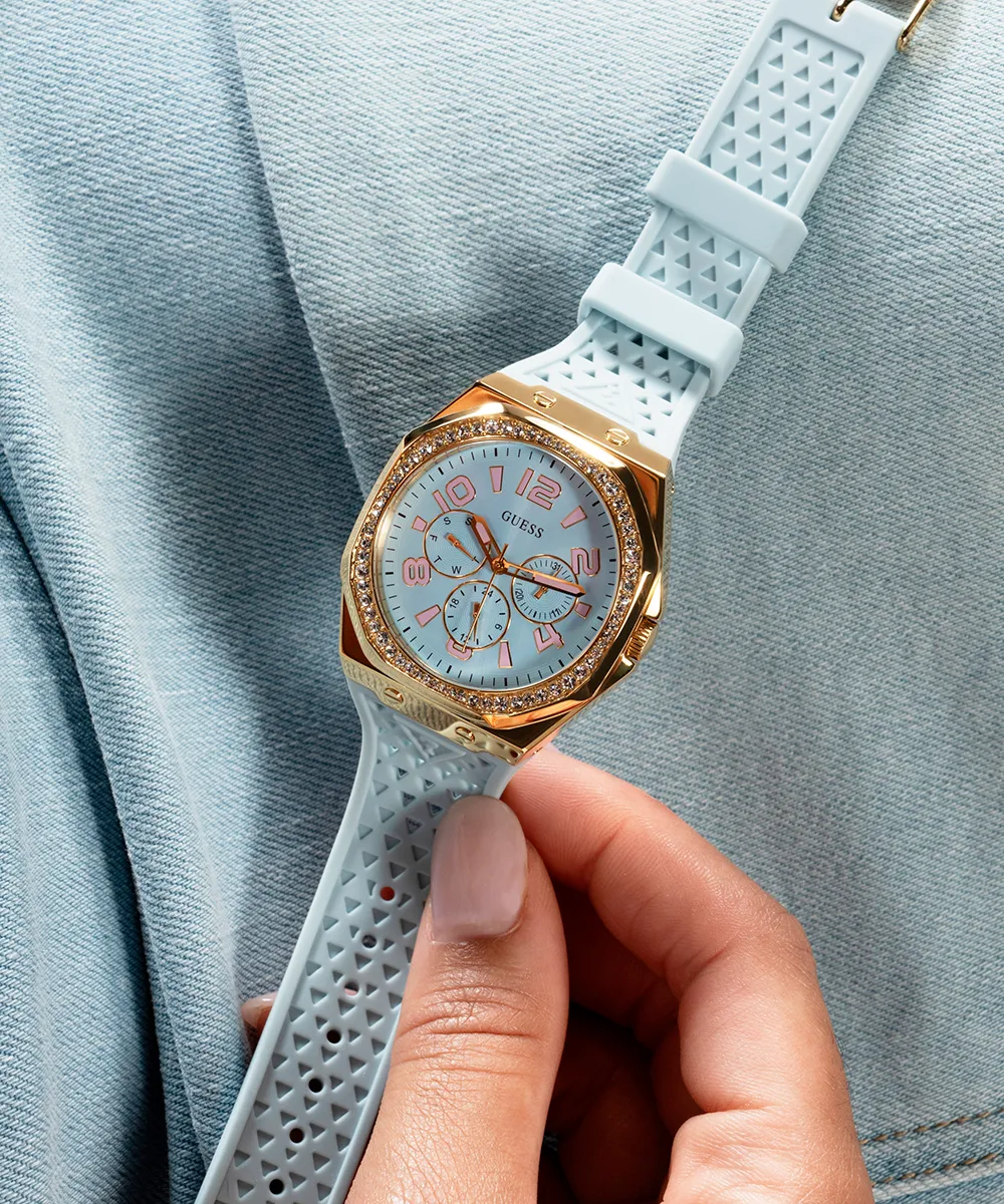 Guess Womens Silicone Watches GUESS Ladies Light Blue Gold Tone Multi-function Watch