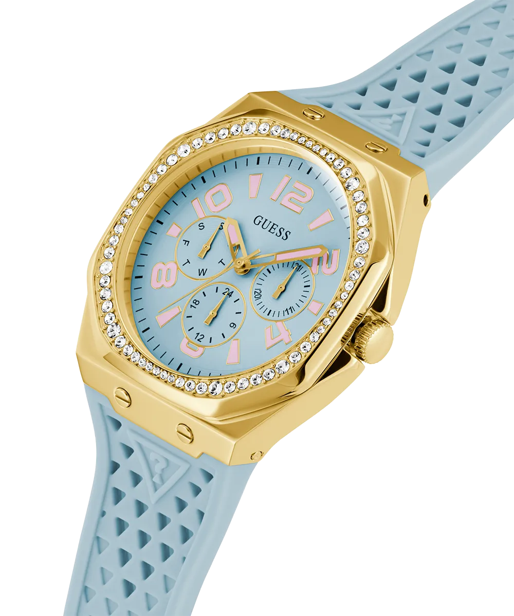 Guess Womens Silicone Watches GUESS Ladies Light Blue Gold Tone Multi-function Watch
