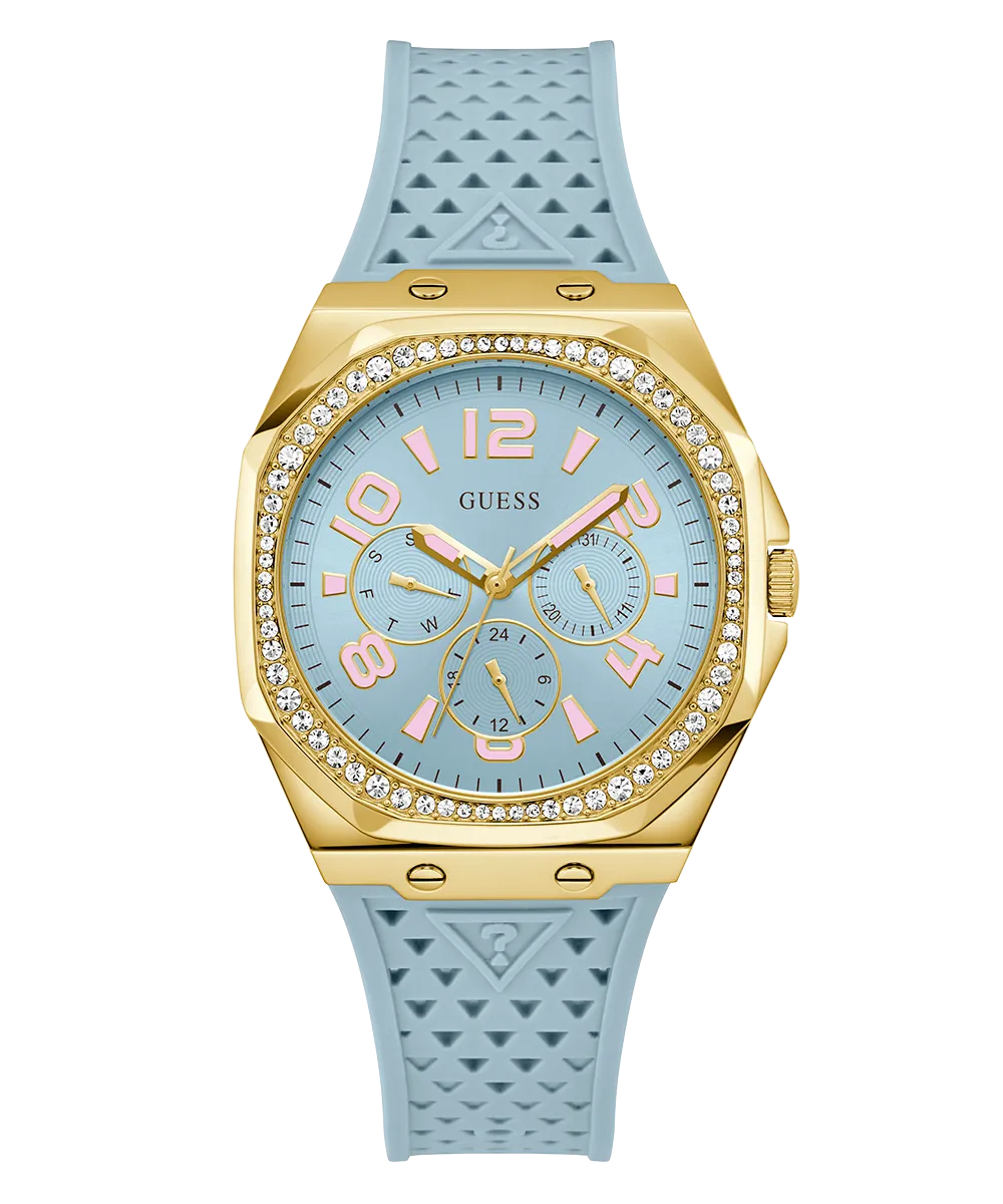 Guess Womens Silicone Watches GUESS Ladies Light Blue Gold Tone Multi-function Watch
