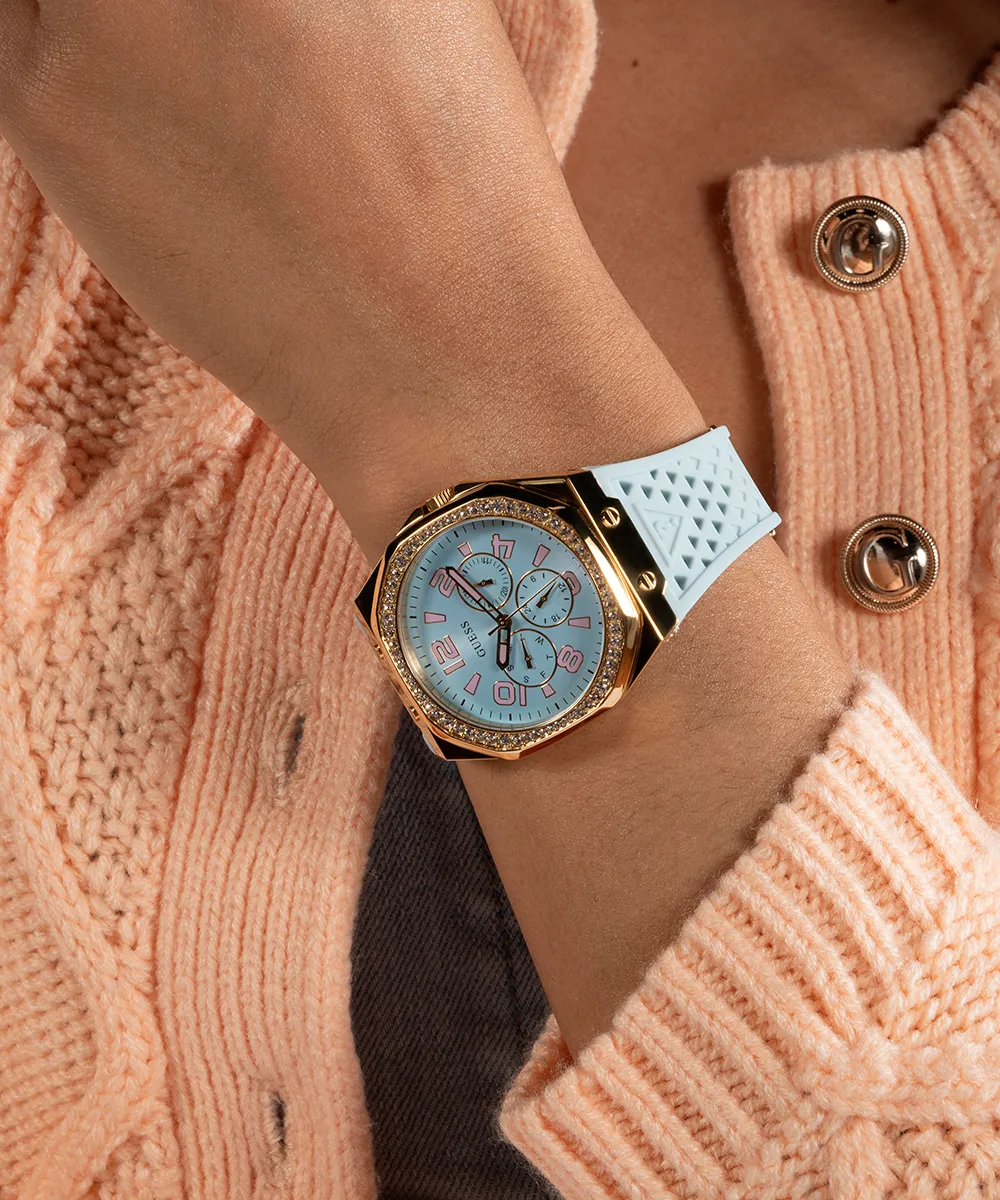 Guess Womens Silicone Watches GUESS Ladies Light Blue Gold Tone Multi-function Watch